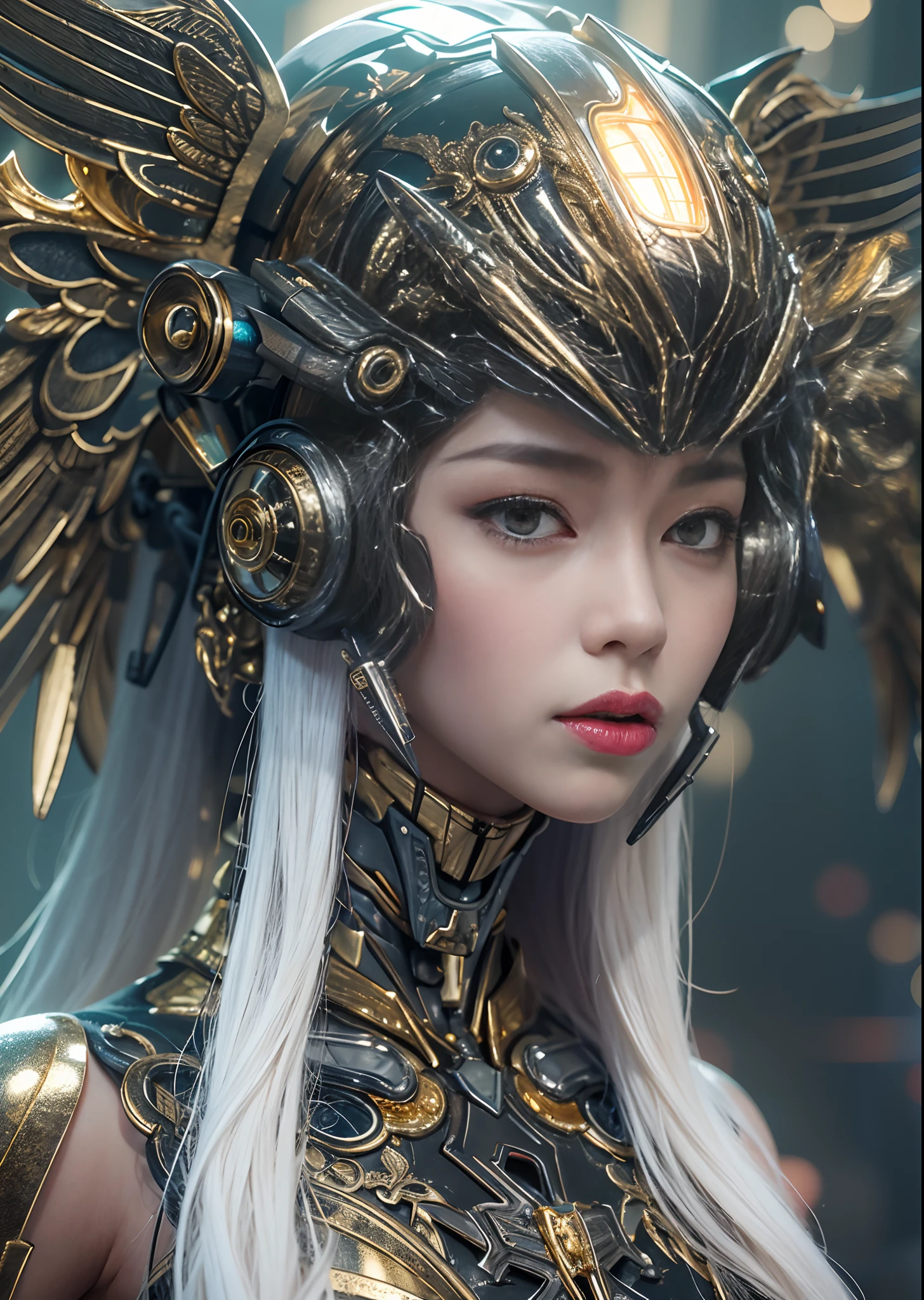 top-quality、​masterpiece、超A high resolution、(Photorealsitic:1.4)、Raw photo、Battle Cyborg Angel、large wings made of metal、White porcelain body、Acrylic Clear Cover、black  hair、glowy skin、1 Cyborg Girl、((super realistic details))、portlate、globalillumination、Shadow、octan render、8K、ultrasharp、character edge light, Details of complex ornaments、Giger Details、Hydraulic cylinder、Small LED lamp、(gold:1.2), highly intricate detail、Realistic light、radiant eyes、Facing the camera、neon details、cowboy  shot、Futuristic headgear、About Cyberpunk, black themed, (headgear:1.2)