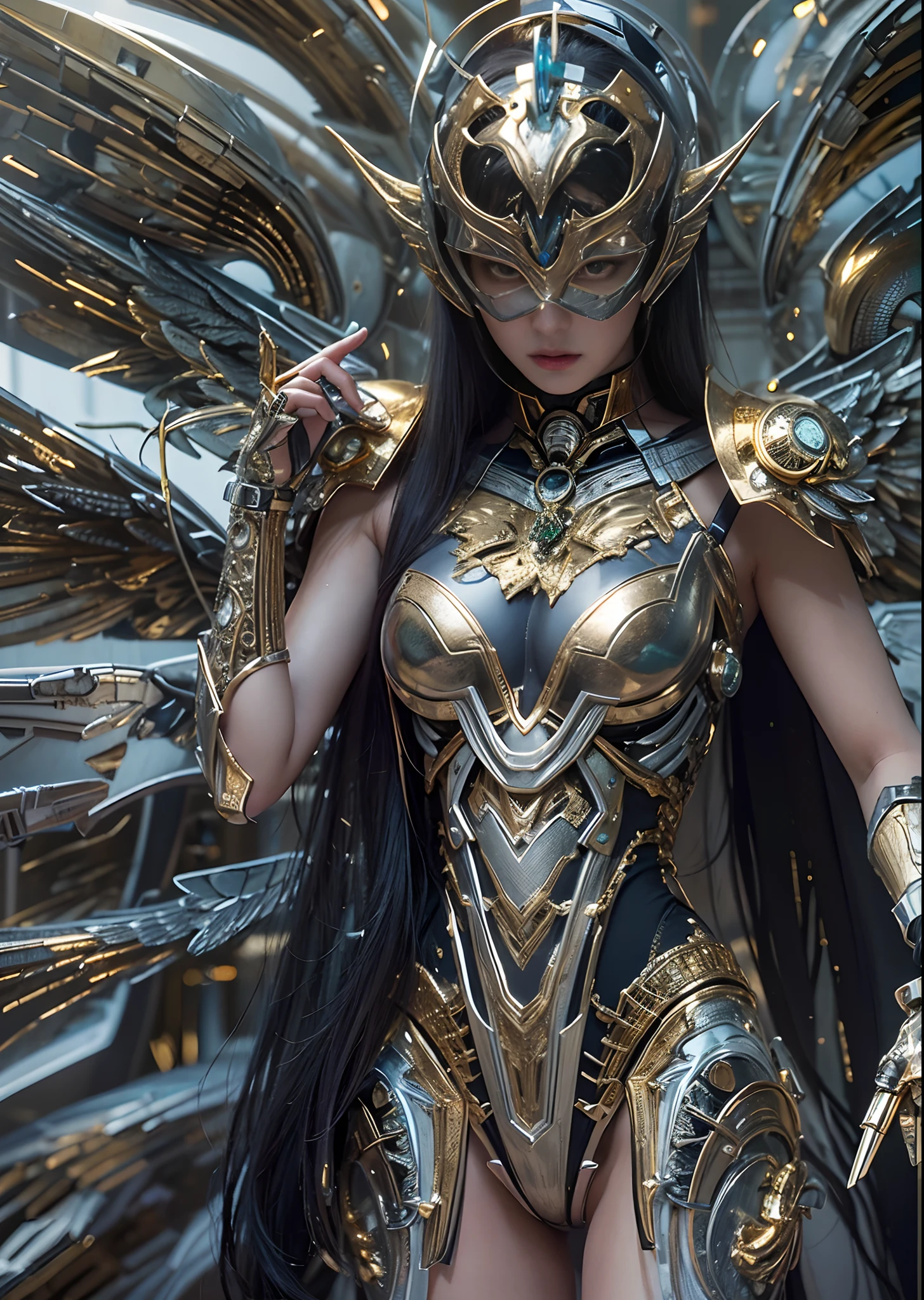top-quality、masterpiece、超A high resolution、(Photorealsitic:1.4)、Raw photo、Battle Cyborg Angel、large wings made of metal、White porcelain body、Acrylic Clear Cover、black hair、glowy skin、1 Cyborg Girl、((super realistic details))、portlate、globalillumination、Shadow、octan render、8K、ultrasharp、character edge light, Details of complex ornaments、Giger Details、Hydraulic cylinder、Small LED lamp、(gold:1.2), highly intricate detail、Realistic light、radiant eyes、Facing the camera、neon details、cowboy shot、Futuristic headgear、About Cyberpunk, black themed, (headgear:1.2)