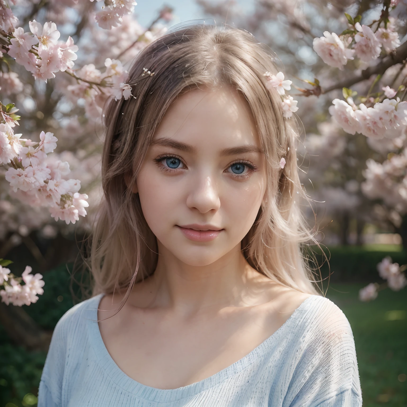 (best quality,4k,8k,highres,masterpiece:1.2),ultra-detailed,(realistic,photorealistic,photo-realistic:1.37),white haired anime woman,light blue sweater,beautiful detailed eyes,beautiful detailed lips,extremely detailed eyes and face,long eyelashes,fair skin,uplifting smile,peaceful expression,soft breeze rustling her hair,sparkling blue eyes,graceful posture,leaning against a blooming sakura tree,bursts of pink petals floating in the air,magical atmosphere,subtle hues of pastel colors,ethereal lighting,anime style,subtle blush on her cheeks,vibrant blue background,touch of whimsical charm,airy and light-hearted vibe,vivid colors,medium:anime style,painting-like texture