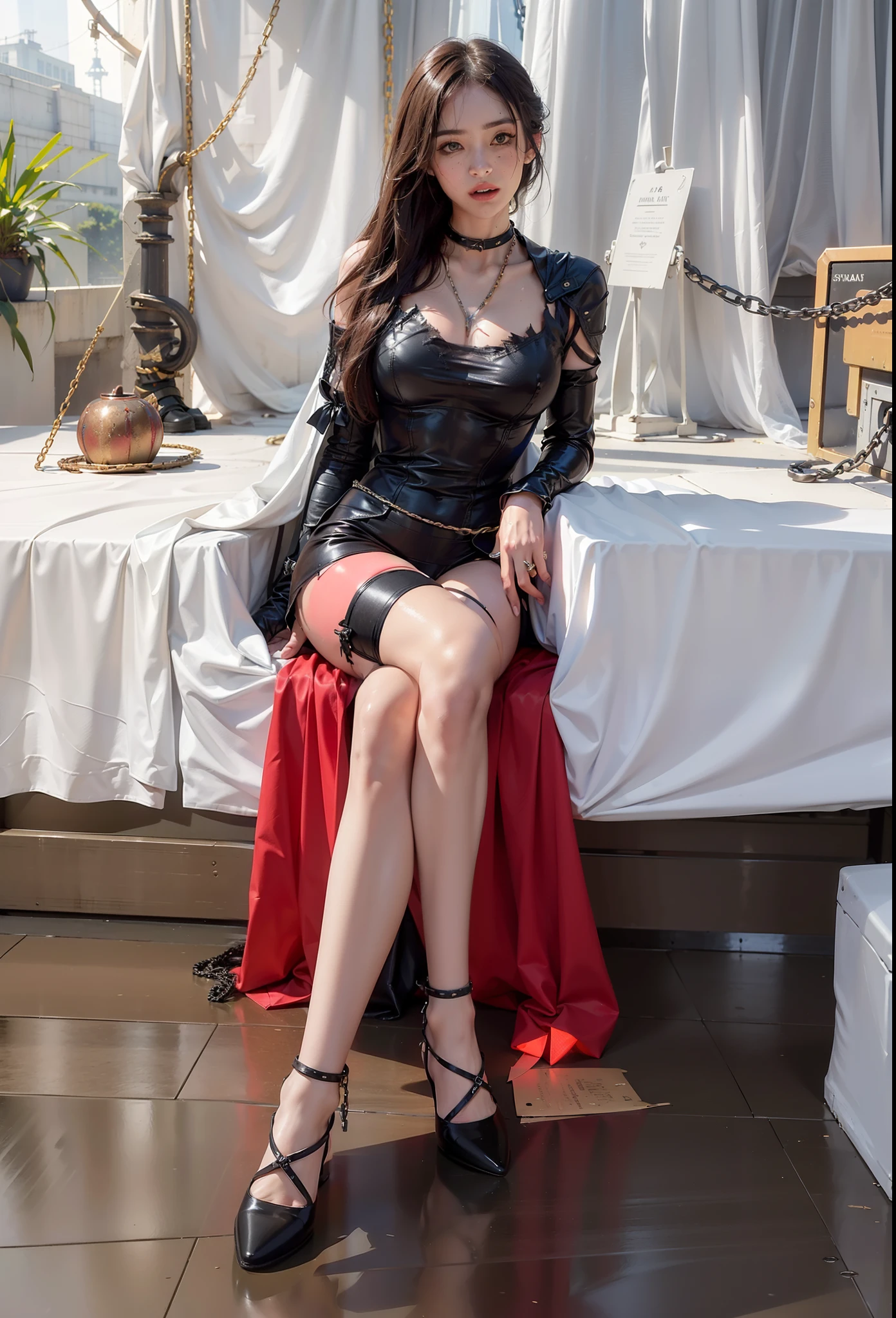 ((best quality)), ((masterpiece)), (detailed), perfect face,red_hair, black_eyes, lips, corset, realistic,skirt,black_stocking,sit on chair, hight_heeled_shoes,30 years old, Asian, blowjob,flash tits,nsfw,spread leg