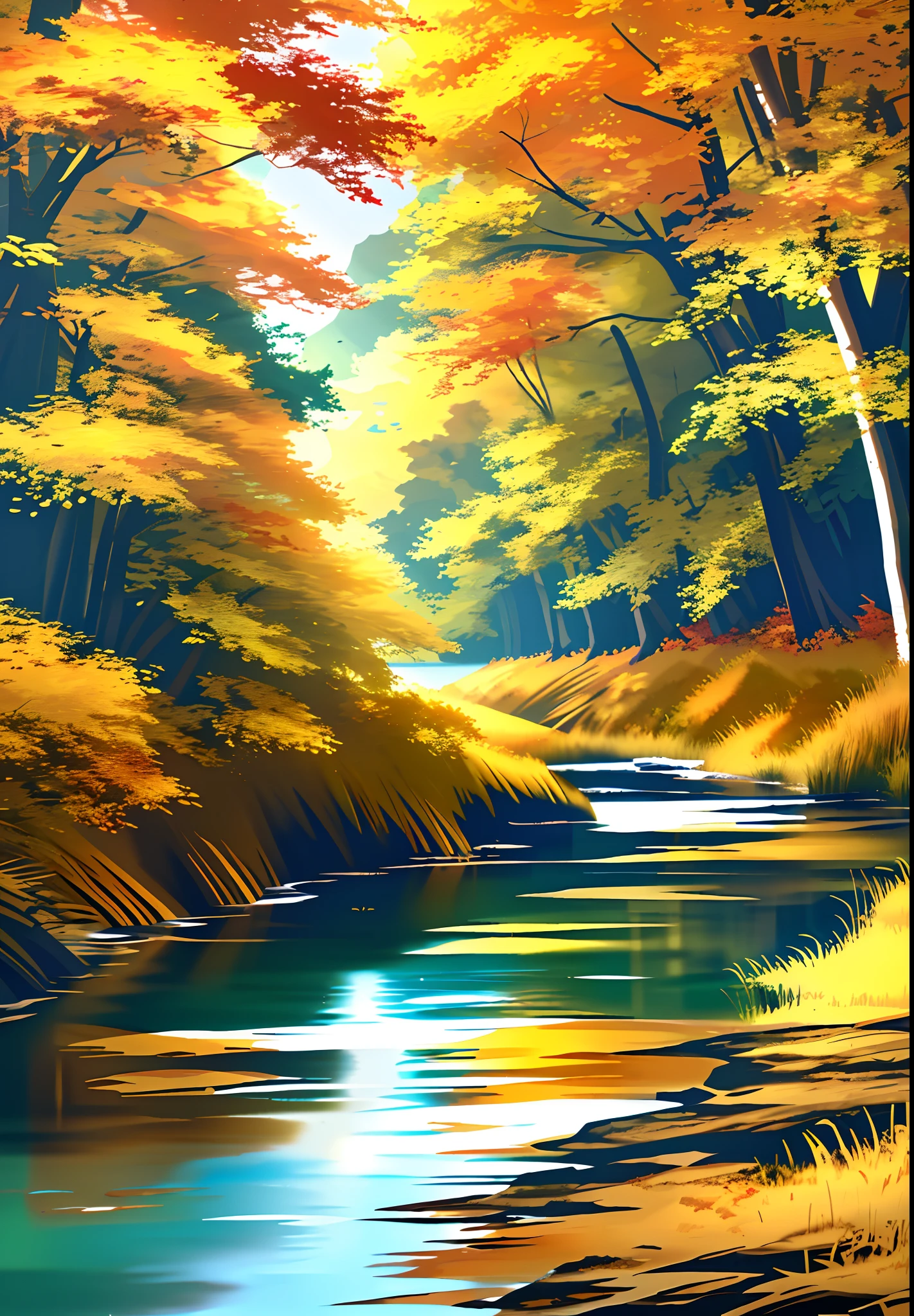 A river，There are reeds on the shore，An autumn scene