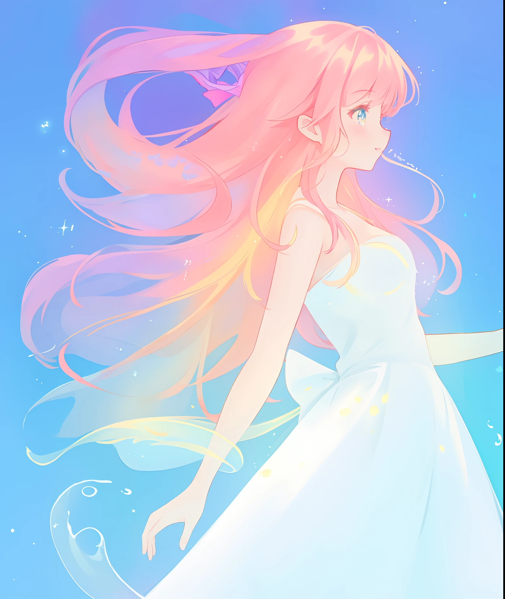 beautiful girl, simple white ballgown, vibrant pastel colors, (colorful), long flowing liquid pink hair, magical lights, sparkling magical liquid, inspired by Glen Keane, inspired by Lois van Baarle, disney art style, by Lois van Baarle, glowing aura around her, by Glen Keane, jen bartel, glowing lights! digital painting, flowing glowing hair, glowing flowing hair, beautiful digital illustration, fantasia background, whimsical, magical, fantasy, ((masterpiece, best quality)), intricate details, highly detailed, sharp focus, 8k resolution, sparkling detailed eyes, liquid watercolor