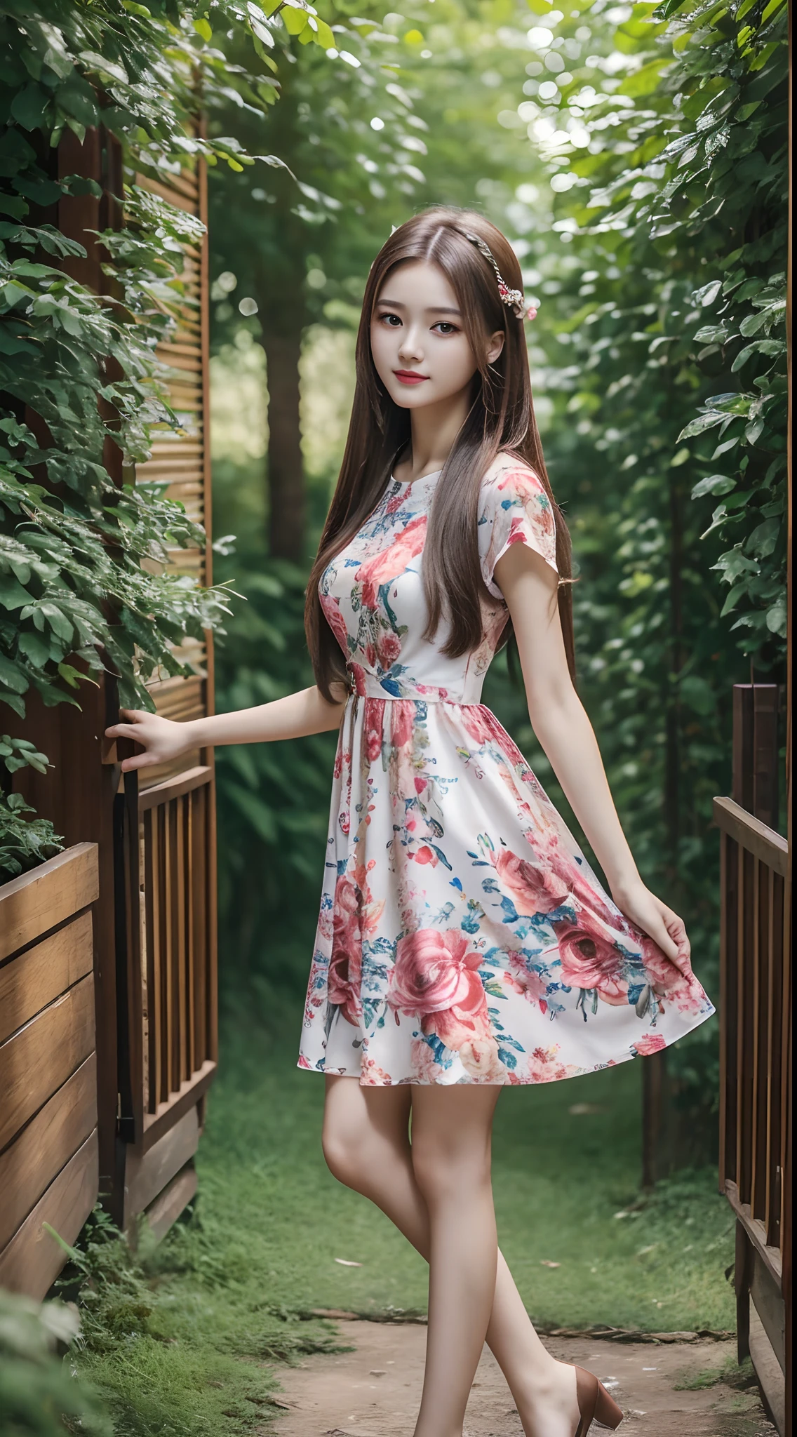 ((Best Quality, 8K, Masterpiece: 1.3)), 1girl, Slender Beauty: 1.3, (Long hair: 1.2), Floral dress, Long legs: 1.1, Super fine face, Fine eyes, Double eyelids, Outdoor