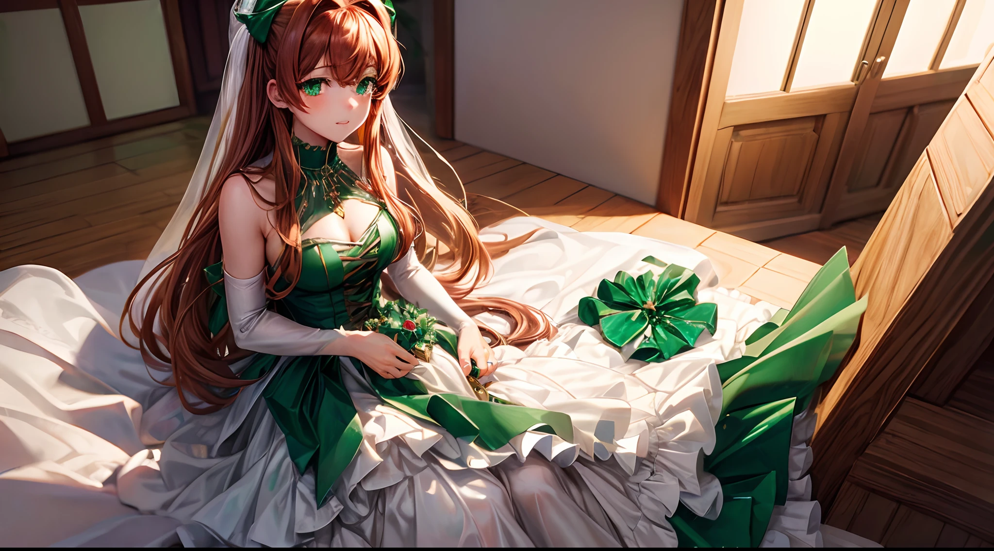 (emerald eyes:1.5), ddlcmonika, marriage, white dress, emerald ring, brown hair