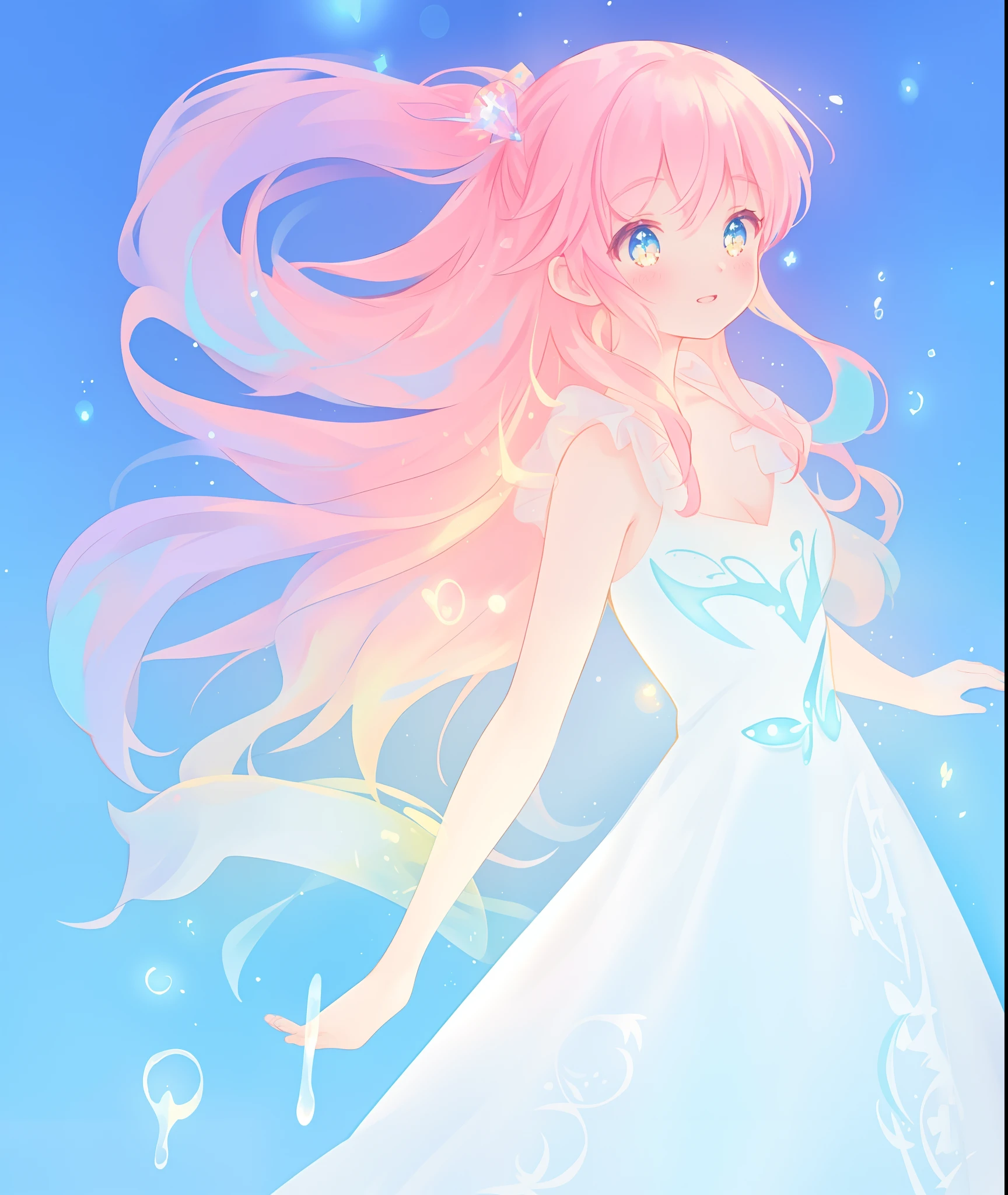 beautiful girl, simple white ballgown, vibrant pastel colors, (colorful), long flowing liquid pink hair, magical lights, sparkling magical liquid, inspired by Glen Keane, inspired by Lois van Baarle, disney art style, by Lois van Baarle, glowing aura around her, by Glen Keane, jen bartel, glowing lights! digital painting, flowing glowing hair, glowing flowing hair, beautiful digital illustration, fantasia background, whimsical, magical, fantasy, ((masterpiece, best quality)), intricate details, highly detailed, sharp focus, 8k resolution, sparkling detailed eyes, liquid watercolor