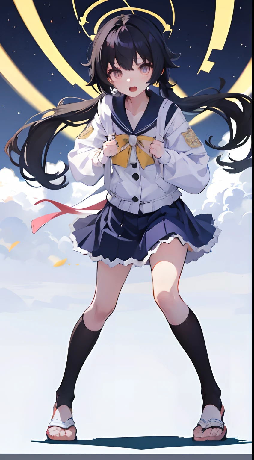 full body, anime girl, wearing Indonesian uniform, wide shot, long shot, cute, black hair, long hair, ahego hair , surprised face, clench both hands into fists,