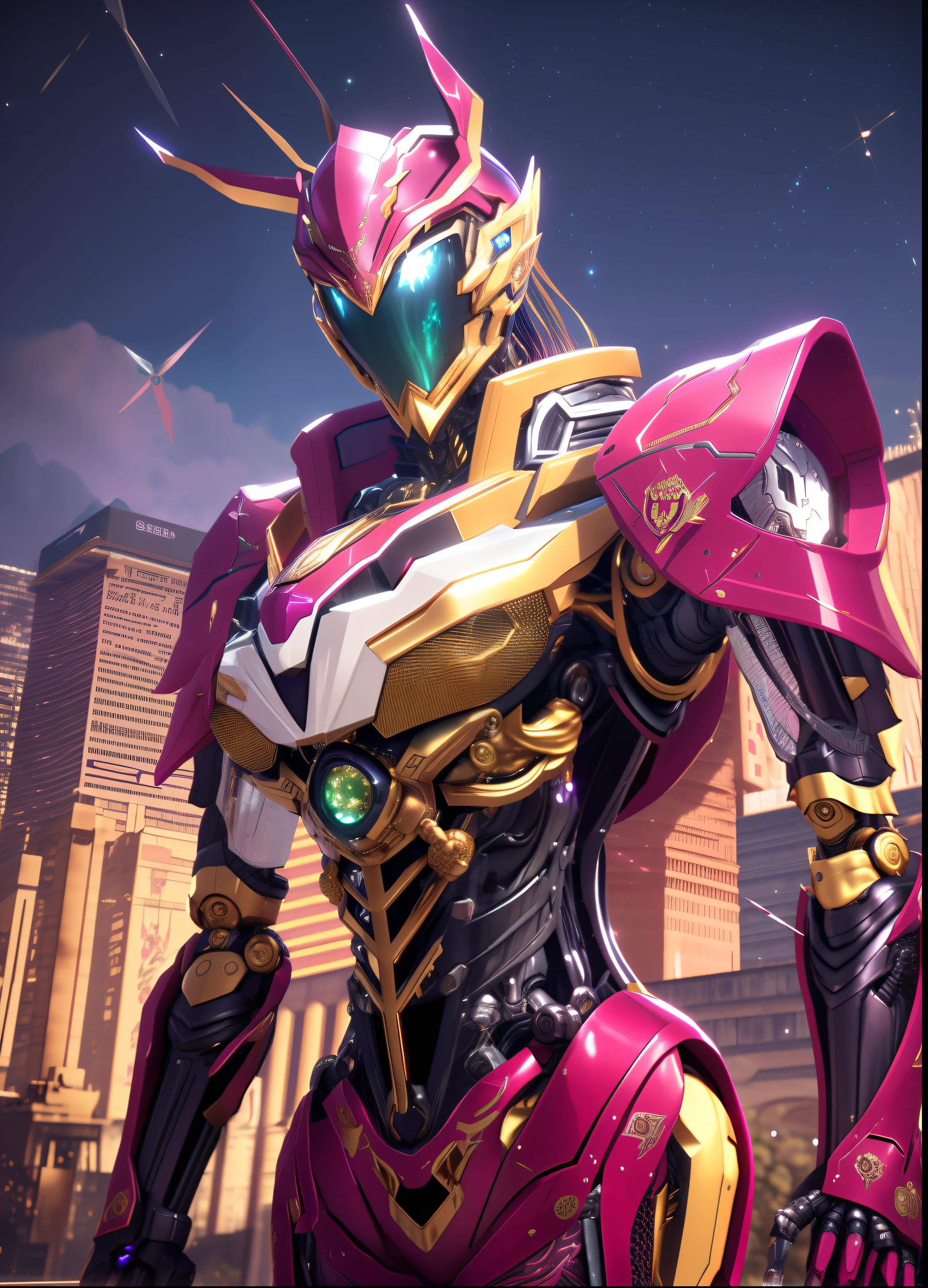 A close-up of a robot,The background is a city, unreal engine render saint seiya, high detailed official artwork, high fantasy kamen rider, fuchsia skin beneath the armor, tokusatsu suit vaporwave, girl in mecha cyber armor, 8 k cg render, 8k octae render photo, slick pink armor, Portrait Chevaliers du Zodiaque Fille