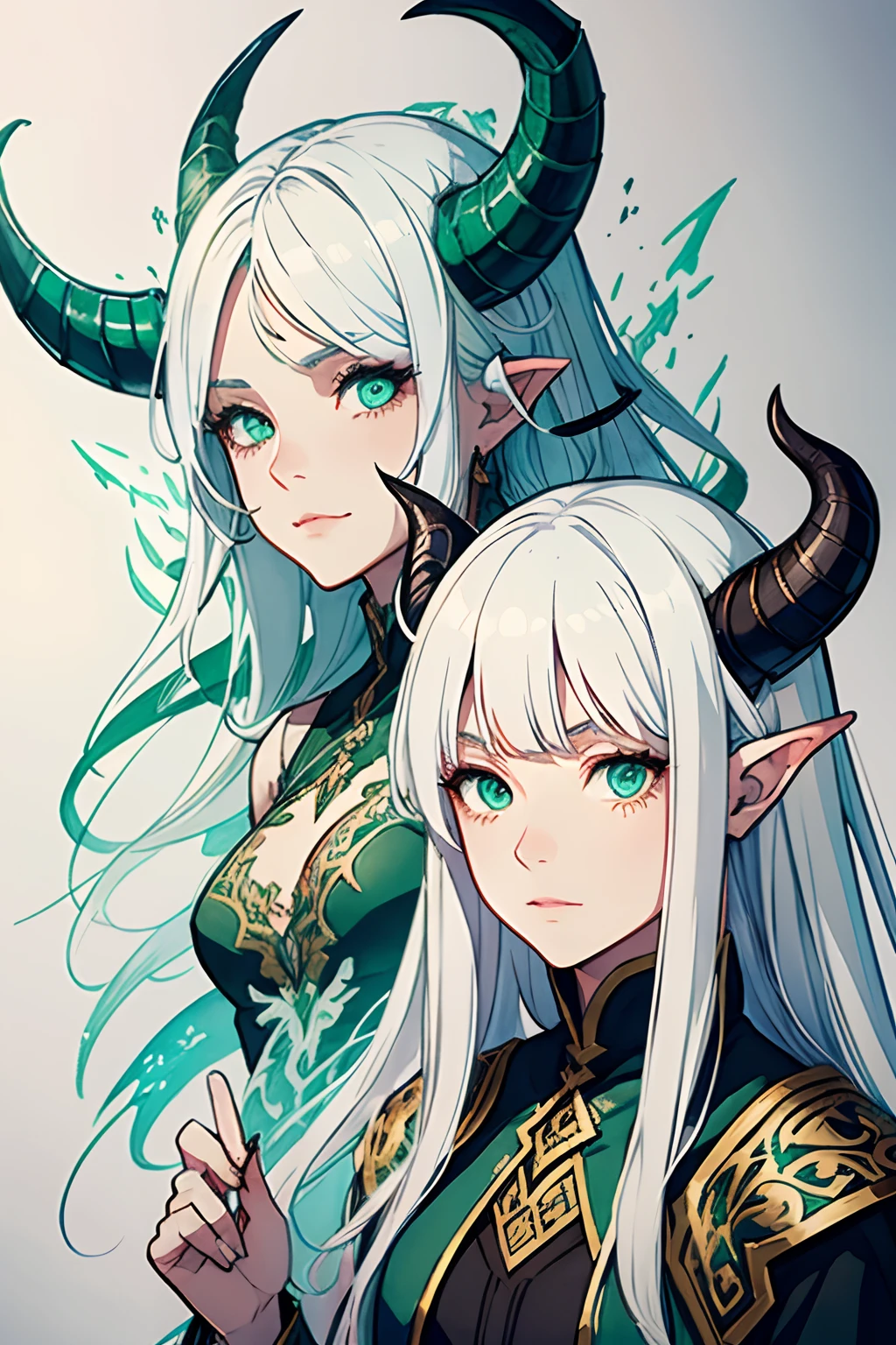 hand drawn sketch illustration of a beautiful tiefling with white hair, green eyes, symmetrical dragon horns, illustration, watercolor sketch, (best quality)), intricate detailed,