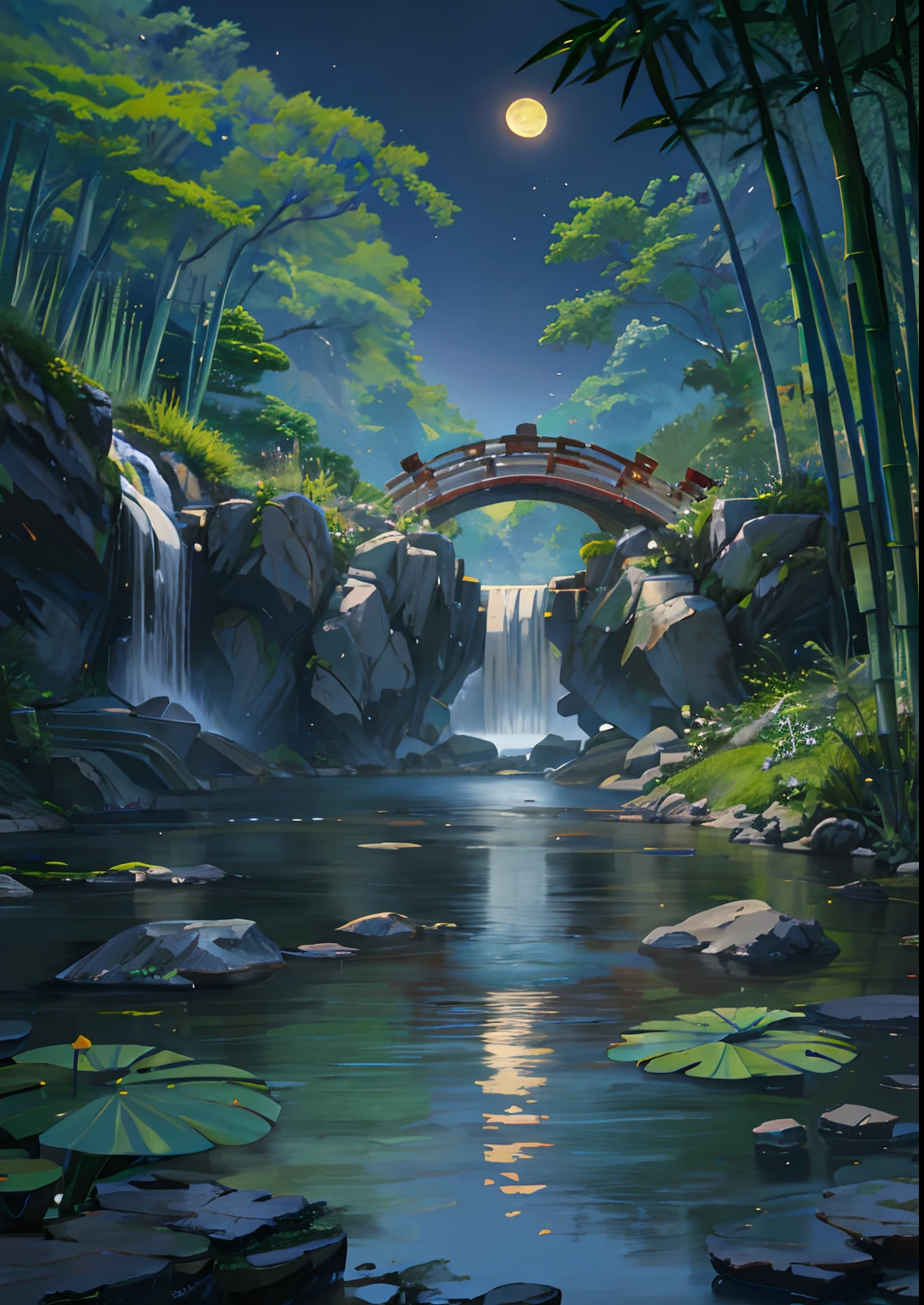 Ancient Chinese architecture, garden, bamboo, lake, stone bridge, rockery, arch, corner, rockery, tree, flowing water, landscape, outdoor, waterfall, meadow, rock, water lily, stream, lotus, moon, night view, hot springs, water vapor, (illustration: 1.0), epic composition, realistic lighting, high-definition detail, masterpiece, best quality, (very detailed CG unified 8k wallpaper), (best quality)