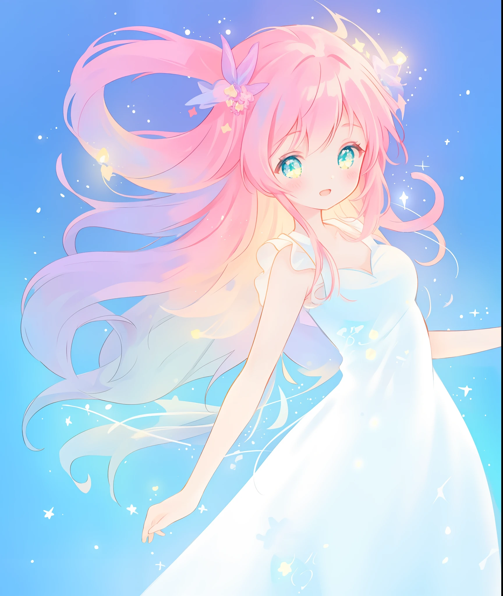 beautiful girl, simple white ballgown, vibrant pastel colors, (colorful), long flowing liquid pink hair, magical lights, sparkling magical liquid, inspired by Glen Keane, inspired by Lois van Baarle, disney art style, by Lois van Baarle, glowing aura around her, by Glen Keane, jen bartel, glowing lights! digital painting, flowing glowing hair, glowing flowing hair, beautiful digital illustration, fantasia background, whimsical, magical, fantasy, ((masterpiece, best quality)), intricate details, highly detailed, sharp focus, 8k resolution, sparkling detailed eyes, liquid watercolor