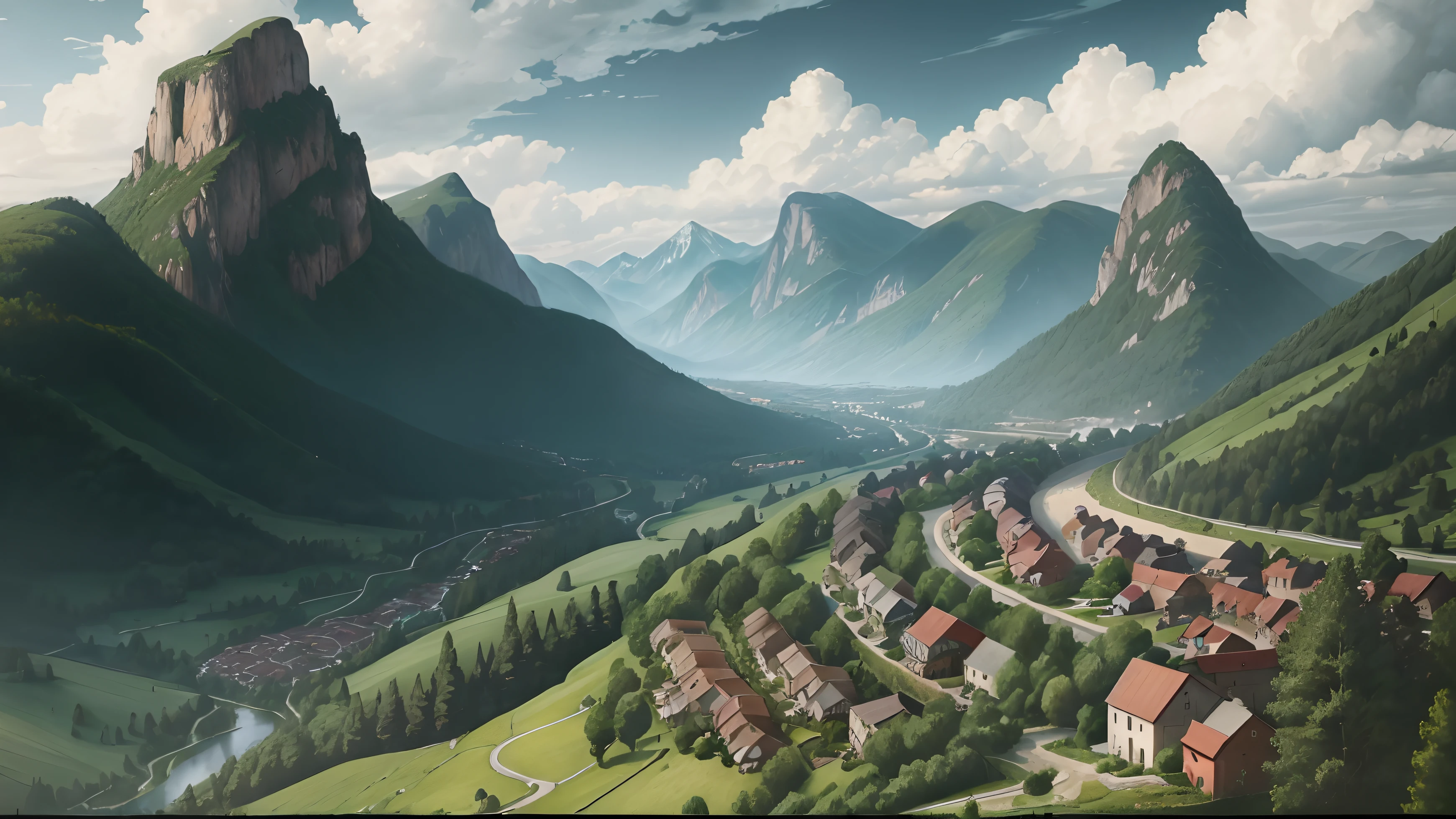 (Best quality, 4K, A high resolution, Masterpiece:1.2), Ultra-detailed, Realistic:1.93, hdr, Mountain landscape, Forest Green Steam Train, Winding mountain road, Colorful elements of Zhuang style,Quaint mountain village, distant background, Sunny sky, lush green trees, Vibrant colors, Perspective view, Old steam locomotives, Steam injection, Vintage train tracks, Quaint house, red roofs,yellow roofs,Purple roof,Blue roof,The roof is decorated with colorful moire, Winding roads, stone, Rolling hills, tranquil ambiance, serene environment, Natural beauty, enchanting scenery, dramatic clouds, Cloudy mountains, Charming mountainside, Idyllic countryside, Dynamic composition, Atmospheric lighting, Soft shadows, immersive experience, Deep in the forest, Picturesque charm.