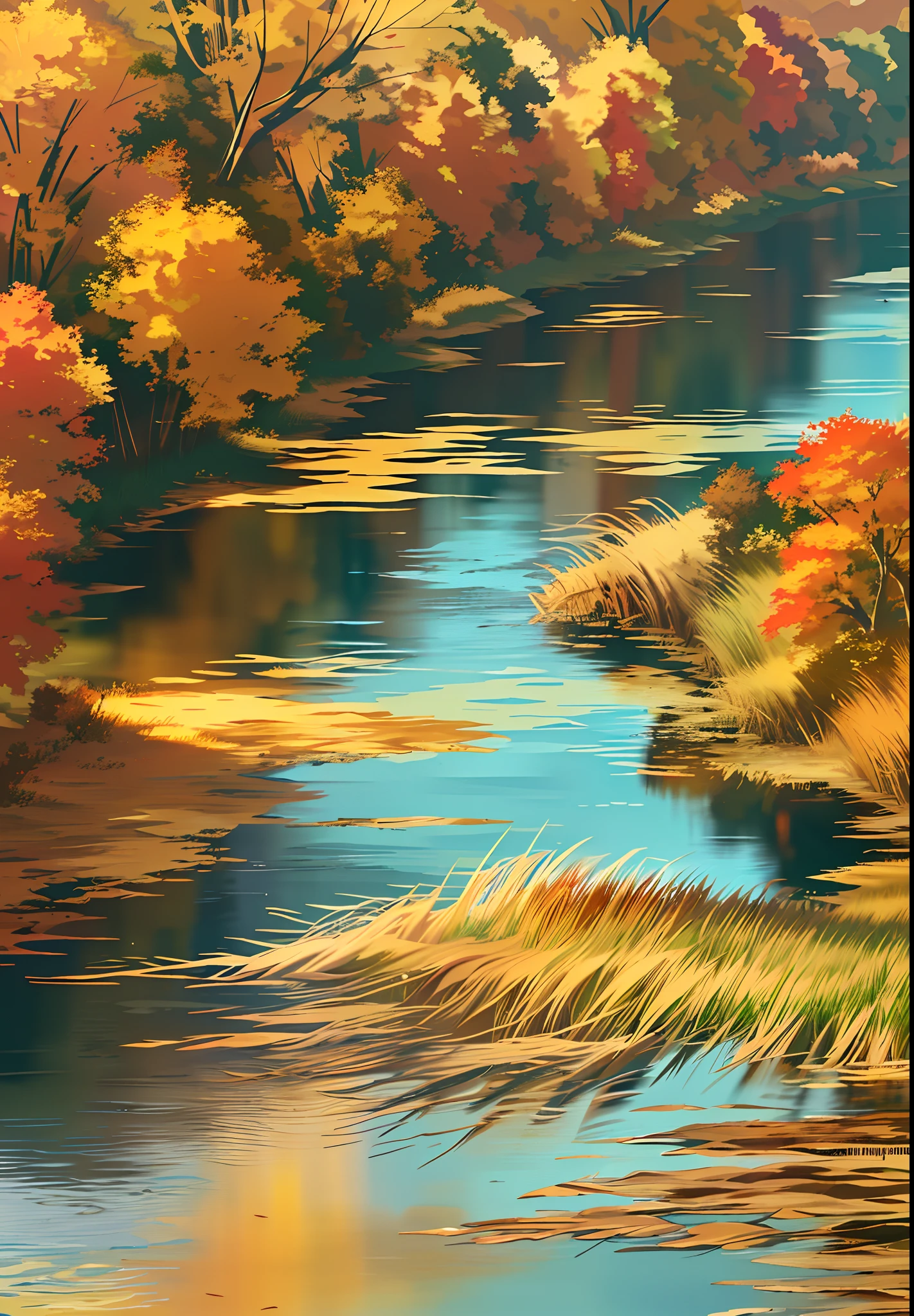 A river,There are reeds on the shore,An autumn scene