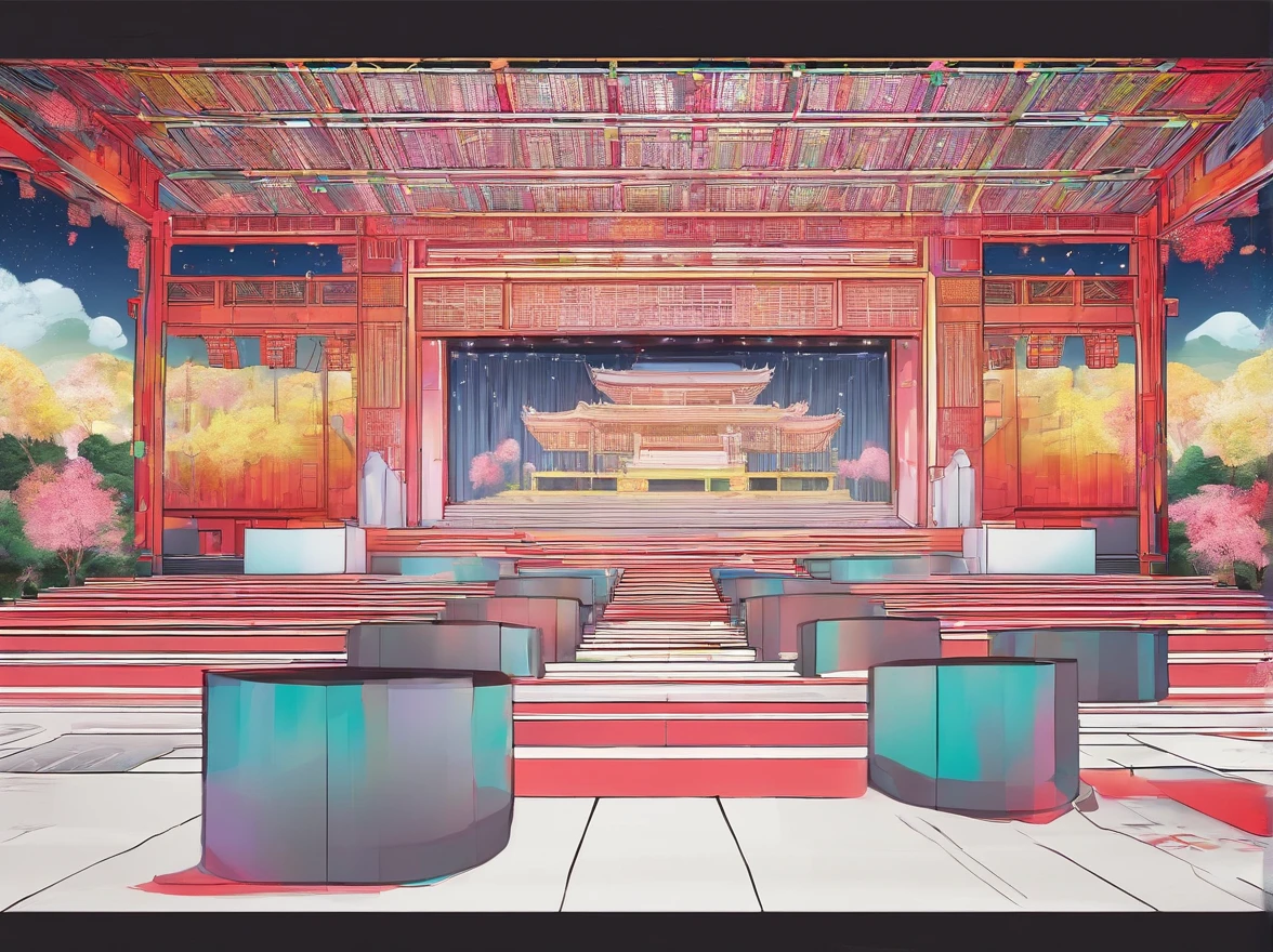Indoor stage，Front view，up-close，Thick lines，minimal style