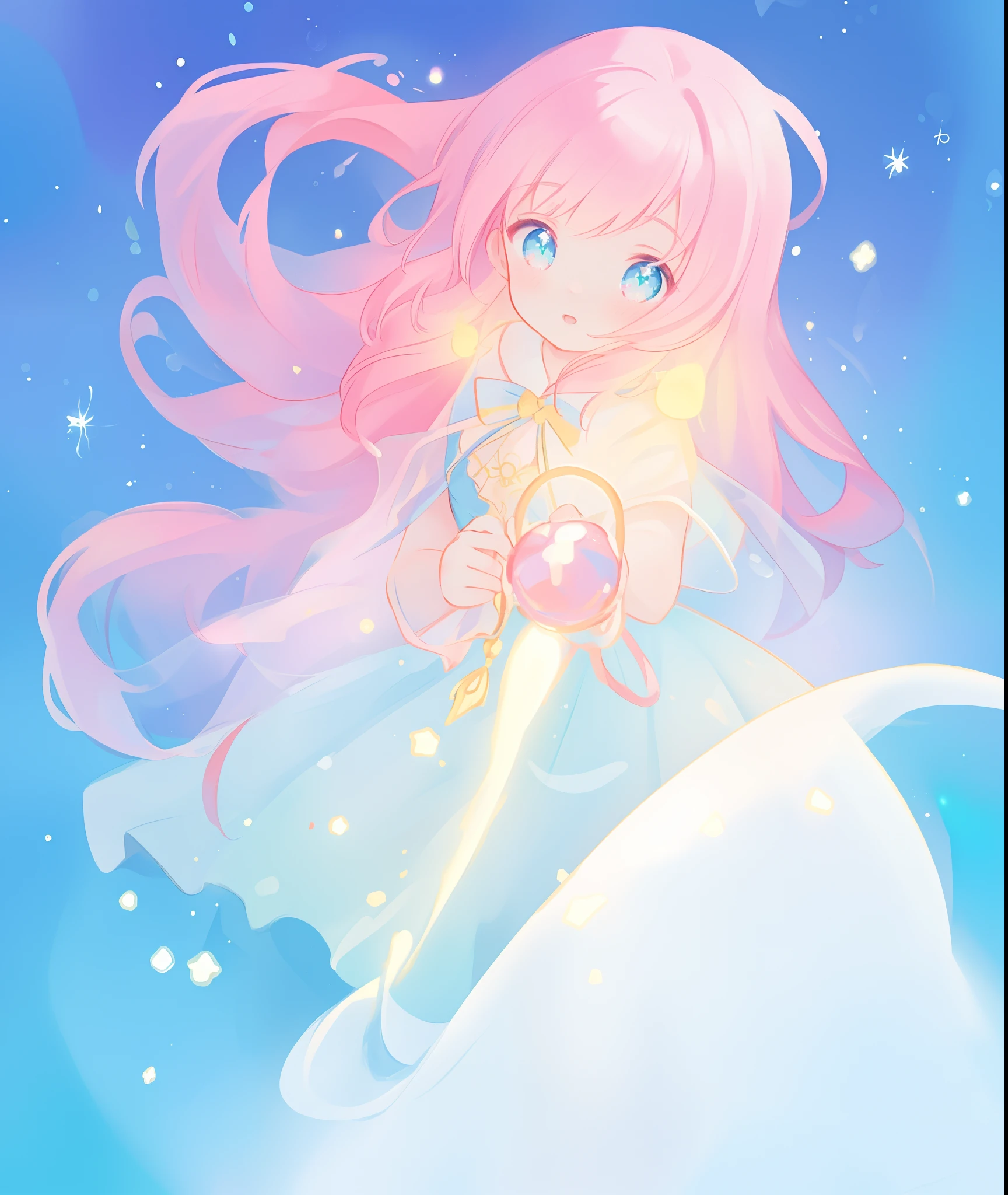 beautiful girl, simple white ballgown, vibrant pastel colors, (colorful), long flowing liquid pink hair, magical lights, sparkling magical liquid, inspired by Glen Keane, inspired by Lois van Baarle, disney art style, by Lois van Baarle, glowing aura around her, by Glen Keane, jen bartel, glowing lights! digital painting, flowing glowing hair, glowing flowing hair, beautiful digital illustration, fantasia background, whimsical, magical, fantasy, ((masterpiece, best quality)), intricate details, highly detailed, sharp focus, 8k resolution, sparkling detailed eyes, liquid watercolor