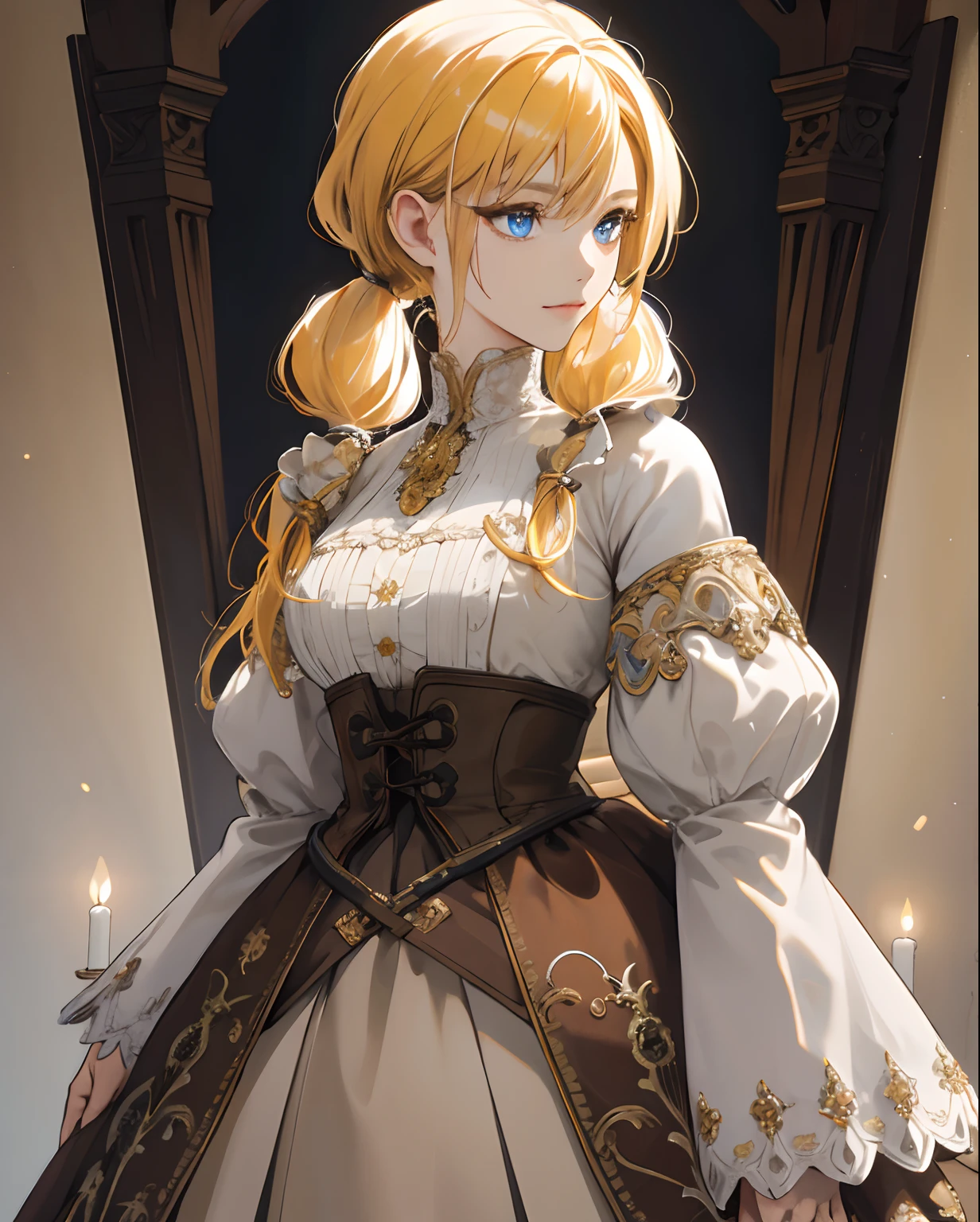 (absurd, highres, ultra detailed), 1girl, mature woman, intricate details, enlarged textures, intricate details, finely detailed eyes and detailed face, intricate details, honey yellow hair, (closed mouth), perfect eyes, matching eyes, low twintails, blue eyes, medieval Fantasy style clothing, fantasy style, noble dress, nobility dress, dress with skirt, white and brown dress, full body
