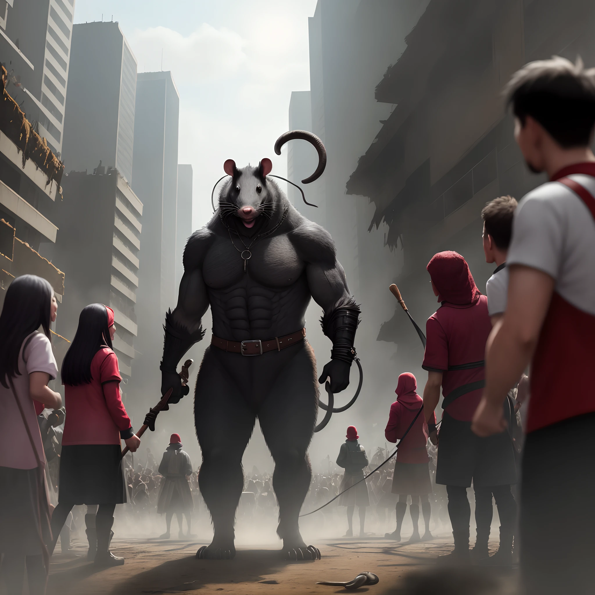 A big ugly black rat stands in front of a crowd of people. The rat holds a whip in his hand and the people are happy to be beaten. in the background you can see a broken city