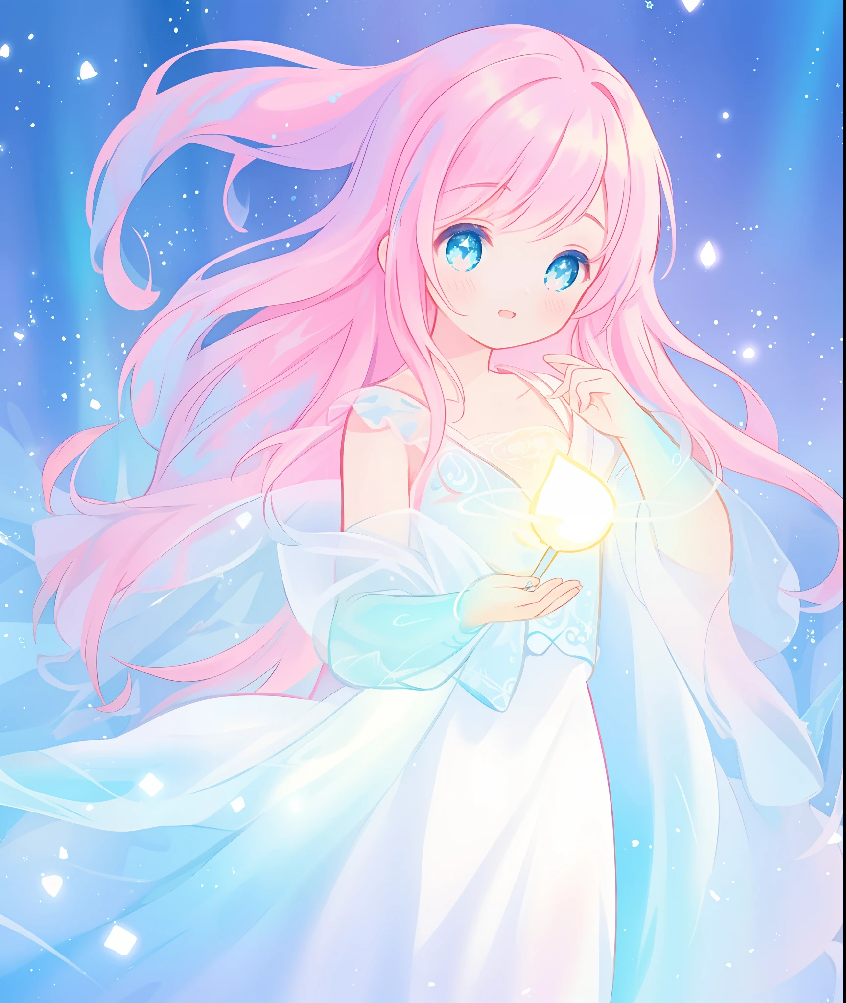 beautiful girl, simple white ballgown, vibrant pastel colors, (colorful), long flowing liquid pink hair, magical lights, sparkling magical liquid, inspired by Glen Keane, inspired by Lois van Baarle, disney art style, by Lois van Baarle, glowing aura around her, by Glen Keane, jen bartel, glowing lights! digital painting, flowing glowing hair, glowing flowing hair, beautiful digital illustration, fantasia background, whimsical, magical, fantasy, ((masterpiece, best quality)), intricate details, highly detailed, sharp focus, 8k resolution, sparkling detailed eyes, liquid watercolor