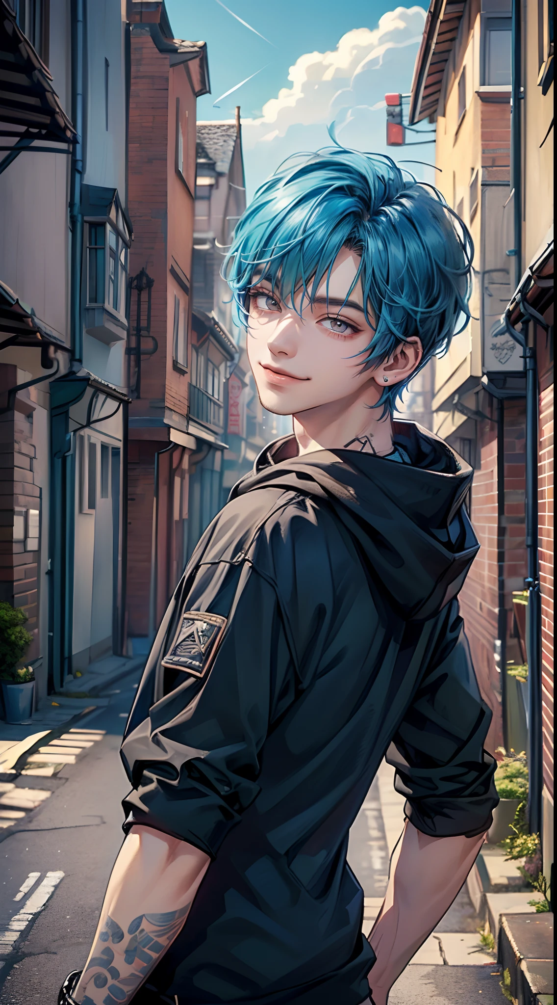 ((4K works))、​masterpiece、(top-quality)、One Beautiful Boy、Slim body、tall、((Attractive street style in black hoodie))、(Detailed beautiful eyes)、Fantastic British cities、Back alley in the daytime、((Strolling through a fantastic back alley))、((Daytime bright sky))、((Fantastic English back alleys))、((Shot in a fantastical back alley in England))、((Short-haired bright blue hair))、((Smaller face))、((White eyes))、((American adult male))、((Adult male 26 years old))、((Cool Men))、((Like a celebrity))、((Smile showing teeth and smiling))、((Korean Makeup))、((elongated and sharp eyes))、((boyish))、((Upper body photography))、((Happy dating))、Professional Photos、((Shot alone))、((Shot from diagonally below))、((shot from front))、((Shot in close proximity to him))、((He stands in front of the viewer))、((He has his hands out in front of him))、((Focus zoom in))、Cabedon