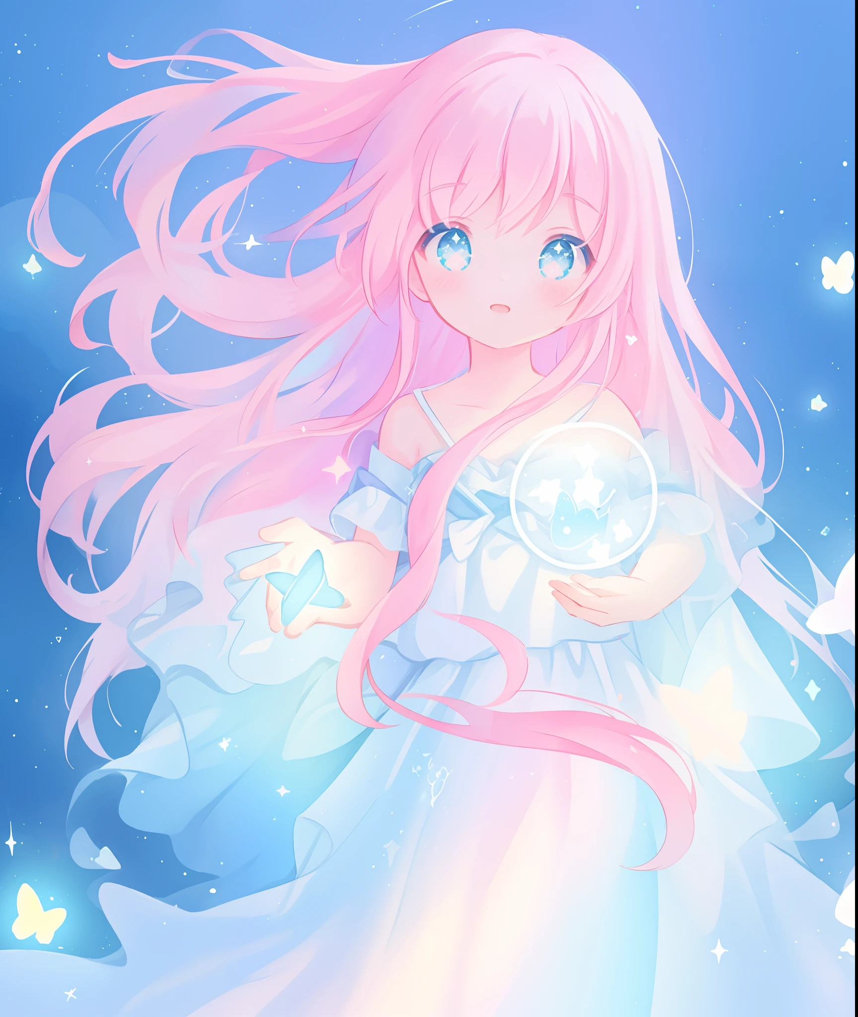 beautiful girl, simple white ballgown, vibrant pastel colors, (colorful), long flowing liquid pink hair, magical lights, sparkling magical liquid, inspired by Glen Keane, inspired by Lois van Baarle, disney art style, by Lois van Baarle, glowing aura around her, by Glen Keane, jen bartel, glowing lights! digital painting, flowing glowing hair, glowing flowing hair, beautiful digital illustration, fantasia background, whimsical, magical, fantasy, ((masterpiece, best quality)), intricate details, highly detailed, sharp focus, 8k resolution, sparkling detailed eyes, liquid watercolor