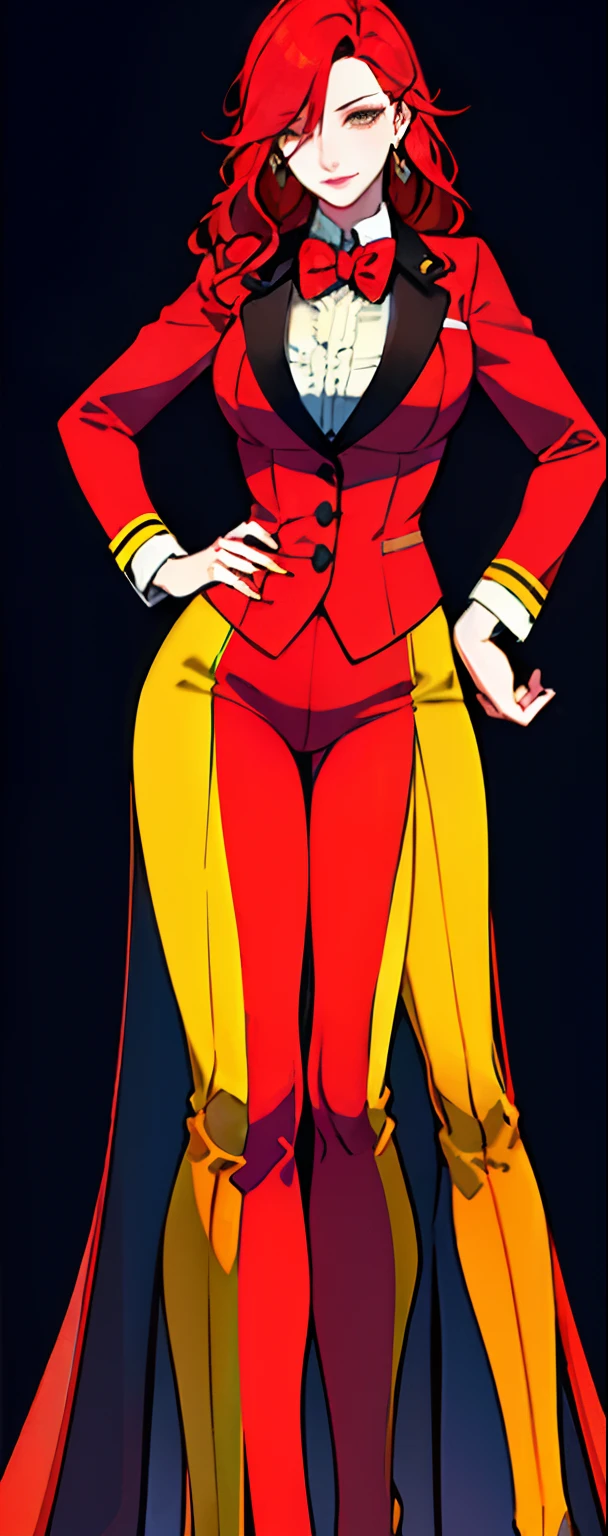 Beautiful tall lady with red hair and yellow eyes super realistic and well designed suit outfit