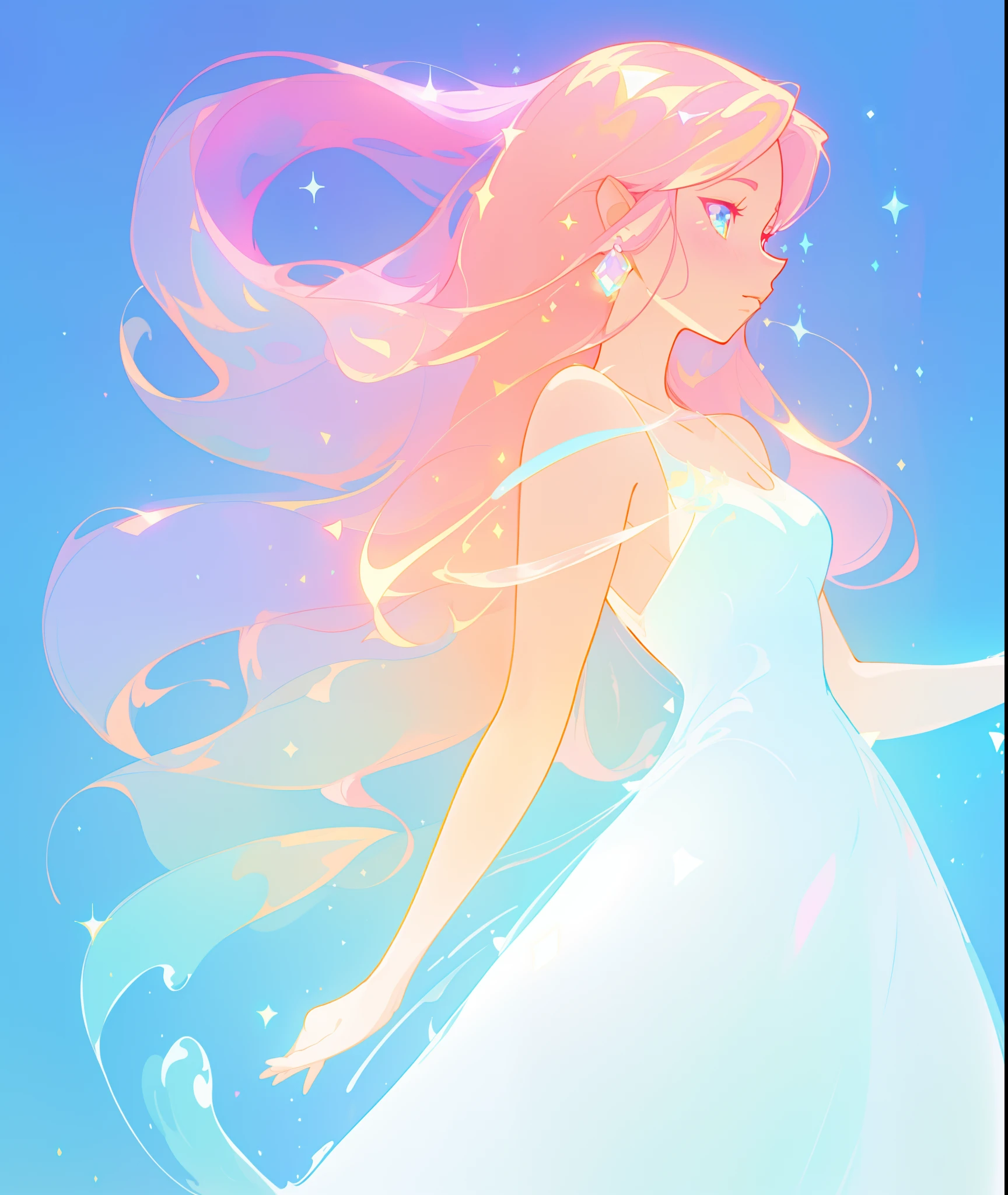 beautiful girl, simple white ballgown, vibrant pastel colors, (colorful), long flowing liquid pink hair, magical lights, sparkling magical liquid, inspired by Glen Keane, inspired by Lois van Baarle, disney art style, by Lois van Baarle, glowing aura around her, by Glen Keane, jen bartel, glowing lights! digital painting, flowing glowing hair, glowing flowing hair, beautiful digital illustration, fantasia background, whimsical, magical, fantasy, ((masterpiece, best quality)), intricate details, highly detailed, sharp focus, 8k resolution, sparkling detailed eyes, liquid watercolor