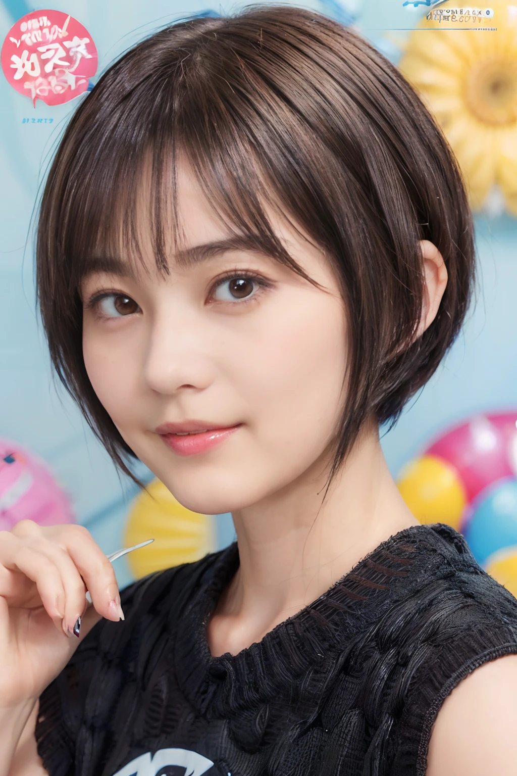 57
(a 20 yo woman), (A hyper-realistic), (masutepiece), (Short bob cut:1.46), Hairstyle with visible ears, (Breast), kindly smile, (Graphic wetwear with anime characters printed on it)