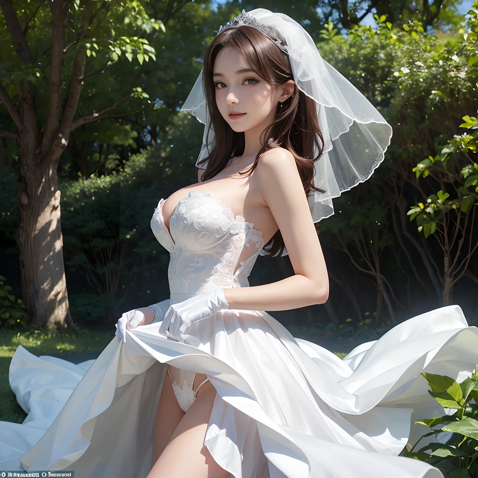 (((skirt lift:1.2, grabbing crotch:1.3, nsfw))), (from side:1.3)masutepiece, Best Quality, , 1girl in, Solo, Looking at Viewer, , depth of fields, brown bob hair, Green eyes, gloves, Dress, cleavage, Bare shoulders, 鎖骨, elbow groves, White Gloves, White Dress, Strapless, tiarra, veils, straplessdress, wedding dress, Bridal Veil, Beautiful woman, Perfect body, medium breasts, wearing a wedding dress, ballgown, In the garden of trees, Wedding Decorations, , evil smile , Realism, masutepiece, Textured skin, Super Detail, high detailing, High quality, Best Quality, 1080p, 16 K