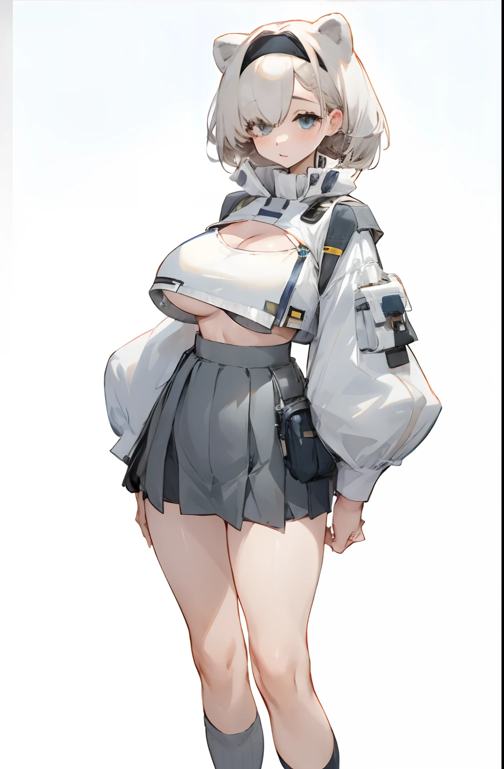 Bigboobs,Barefoot,cropped shoulders,knee length socks,pleatedskirt
