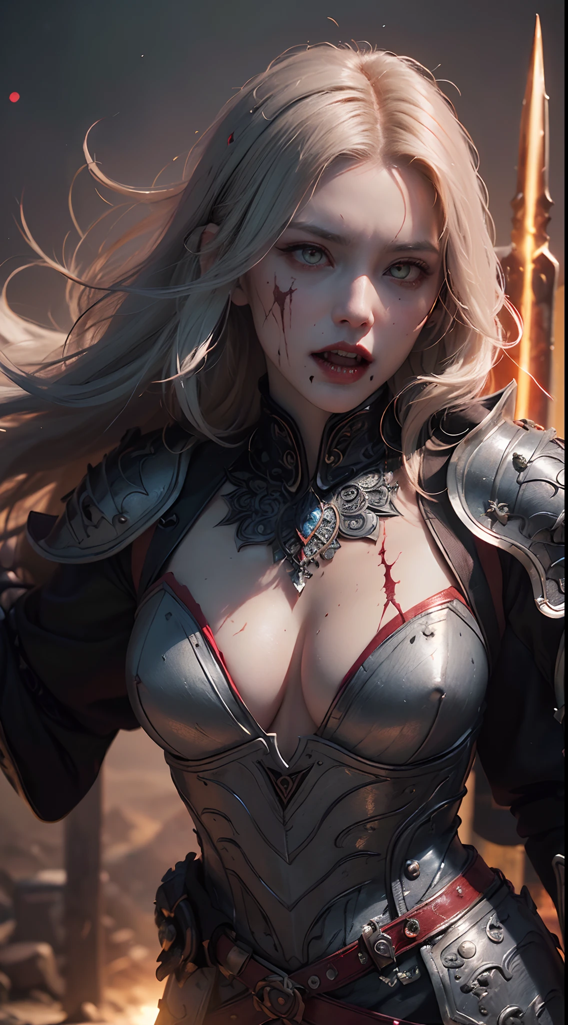 (Numerous award-winning masterpieces, with incredible detail, textures and maximum detail), (hyper realistic:1.4), (realistic:1.3), (best quality real texture skin), (Aesthetic and decadent image: 1.7), ((five perfect and beautiful fingers)), (Pale but beautiful face:1.5), (finely detailed true circle eyes), (finely Detailed and beautiful face:1.5), (A pair of red eyes with strong red light emitting from within:1.7), (Two thick, long, sharp canine teeth protruding from the lips:1.6), (Full length portrait:1.5), (Dark black full plate armor covering the entire body: 1.5), (Grasping the hilt of an elaborately decorated black long sword that glows with an evil light:1.7), (The armor is scarred but delicately decorated:1.7), ((Wandering Vampire Female Swordsman)), ((only have two arms)), ((Less skin exposure)), ((knight in black)), (Gripping the hilt of an elaborately decorated black long sword that glows with a monstrous light:1.7), (wears worn and tattered black leather pants), (Delicately decorated Costume), (Anatomically correct limbs and physique:1.4), ((medieval world)), ((dramatic photo)), ((dynamic photo)), ((cinematic light)), (looks up), (looking down), (dramatic pose), Wind Effects and Offensive Spells, beautiful white hair, beautiful silver hair, beautiful blonde hair ,black web robe, (Fearless and formidable Female vampire warrior:1.6), (Drifting Haze: 1.3), Old ruins infested with plants, Ruins of an old castle, dungeon, Abandoned mine, Deserted ruins, ((night, twilight, sunset, dusk)), Battlefield, detailed armor, epic realistic, ((neutral colors)), (hdr:1.5), (muted colors:1.2), hyper detailed, cinematic, warm lights, dramatic light, (intricate details:1.1), complex background,