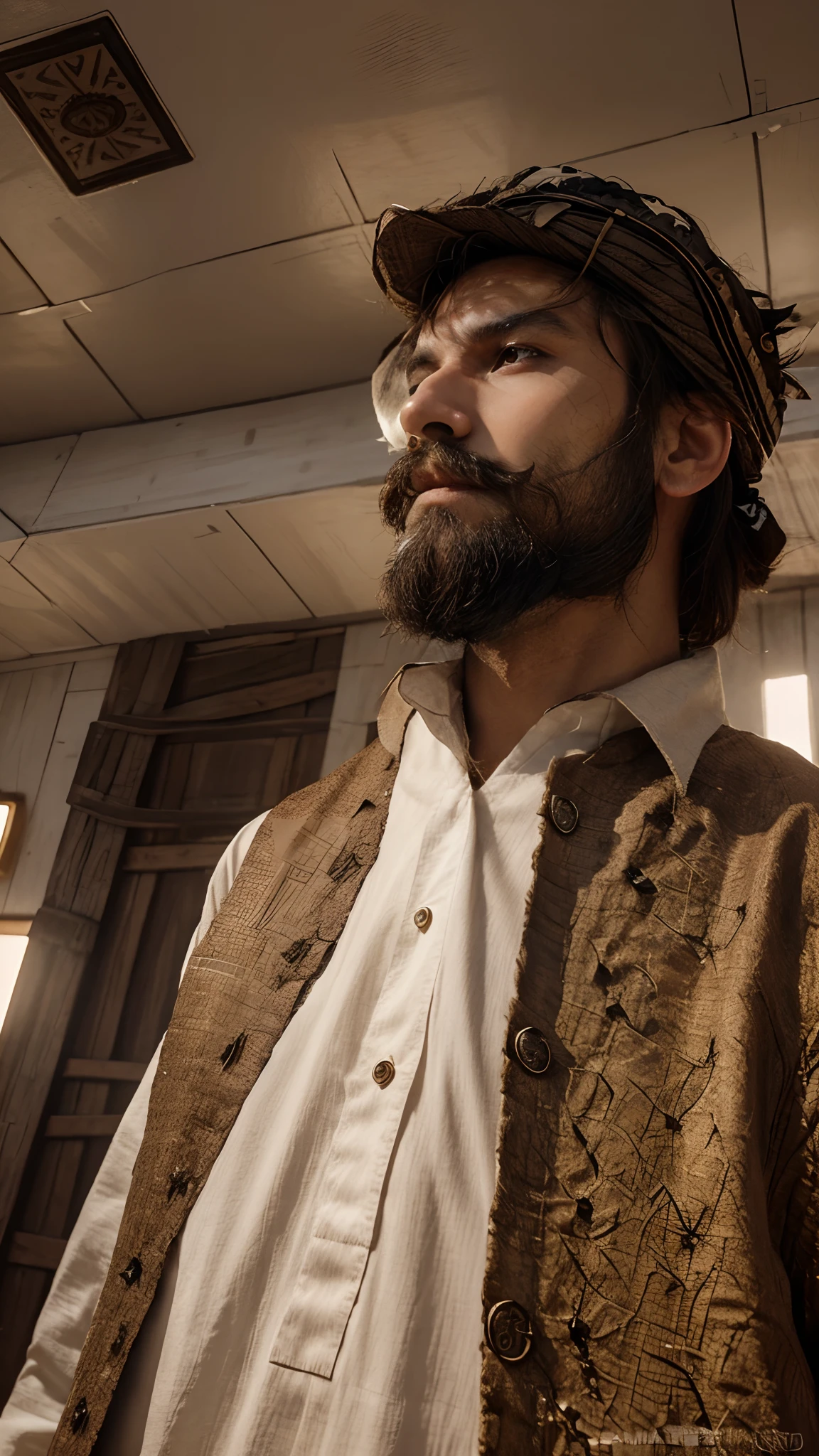 Create an ai avatar, change background, make me a king, warrior, wearing a old tribal hat, sword, mustache and beard, natural, realistic, white skin tone, realistic face, detailed, ultra hd