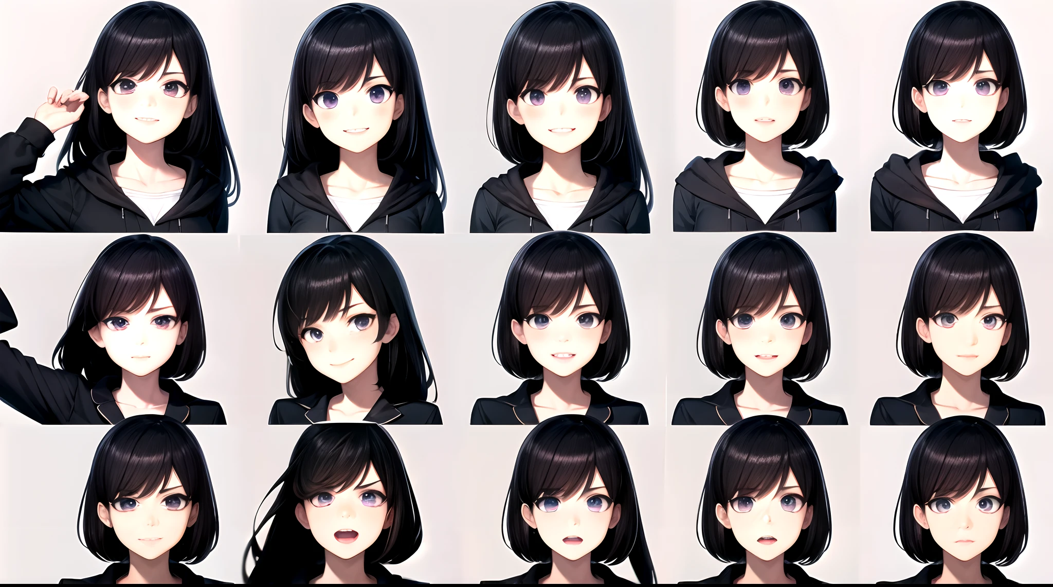 1girll,looking toward the viewer,greybackground,face expression,The same person,9 Facial expressions,grid,Exposed short hair,cheveux gris courts,Purple eyes,Smile,Laughing,Crying,Tired,Sly laughter,Shy,face expressionless,Surprised,half-body portrait,Break,black black jacket,smiling wryly,Best quality,Masterpiece,Highly detailed,Super detailed,8K