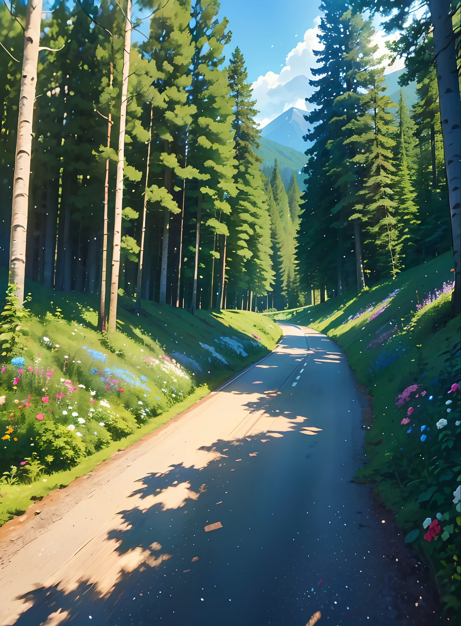 Mountain path, fir trees, birch trees, children playing, flowers, butterflies, flying birds, landscape, birds chirping, sunlight filtering through the trees, soft breeze, lush green foliage, sparkling water reflections, vibrant wildflowers, joyful laughter, carefree children's expressions, dynamic brushstrokes, mountain, harmonious composition.