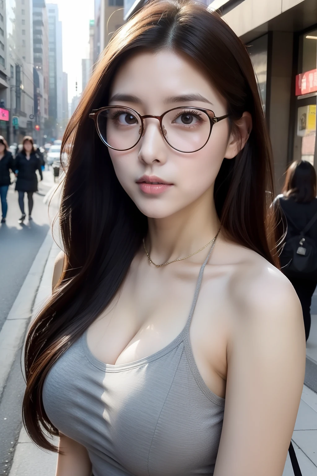 Erotic face, ((top quality, 8k, masterpiece: 1.3)), crisp focus: 1.2, beautiful woman with chubby figure: 1.3, ((layer cut, big: 1.2)), (rain, street: 1.2)), wet body: 1.5, highly detailed face and skin texture, detailed balanced eyes, studio, BDSM, slave, rubber, black corset, bondage, wearing glasses