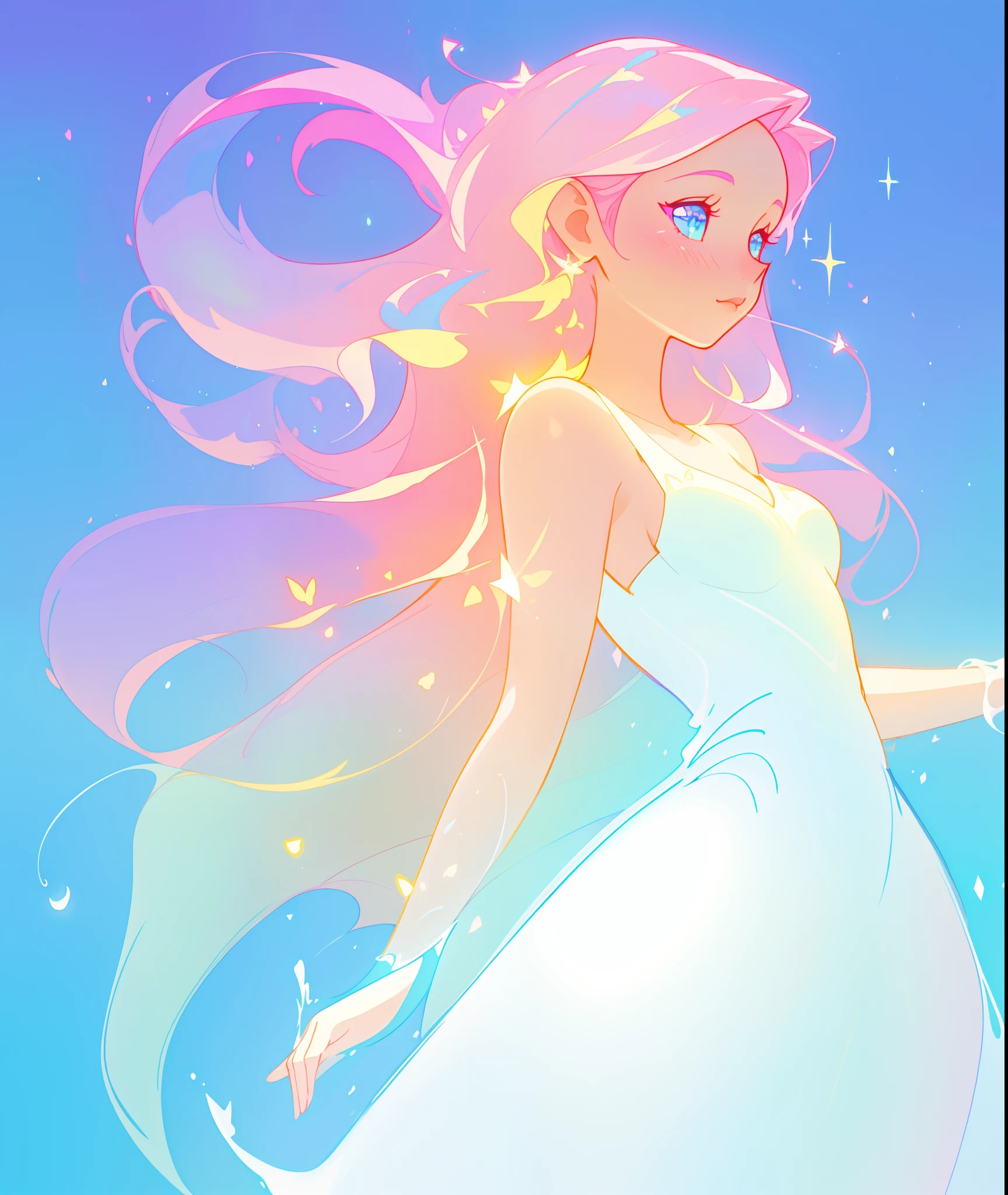 beautiful girl, simple white ballgown, vibrant pastel colors, (colorful), long flowing liquid pink hair, magical lights, sparkling magical liquid, inspired by Glen Keane, inspired by Lois van Baarle, disney art style, by Lois van Baarle, glowing aura around her, by Glen Keane, jen bartel, glowing lights! digital painting, flowing glowing hair, glowing flowing hair, beautiful digital illustration, fantasia background, whimsical, magical, fantasy, ((masterpiece, best quality)), intricate details, highly detailed, sharp focus, 8k resolution, sparkling detailed eyes, liquid watercolor
