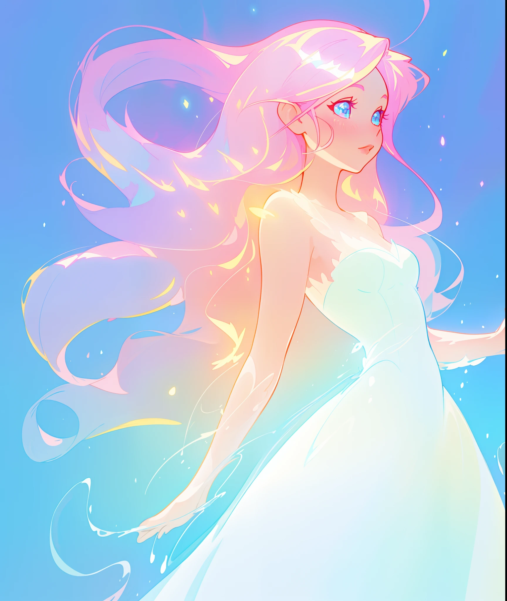 beautiful girl, simple white ballgown, vibrant pastel colors, (colorful), long flowing liquid pink hair, magical lights, sparkling magical liquid, inspired by Glen Keane, inspired by Lois van Baarle, disney art style, by Lois van Baarle, glowing aura around her, by Glen Keane, jen bartel, glowing lights! digital painting, flowing glowing hair, glowing flowing hair, beautiful digital illustration, fantasia background, whimsical, magical, fantasy, ((masterpiece, best quality)), intricate details, highly detailed, sharp focus, 8k resolution, sparkling detailed eyes, liquid watercolor