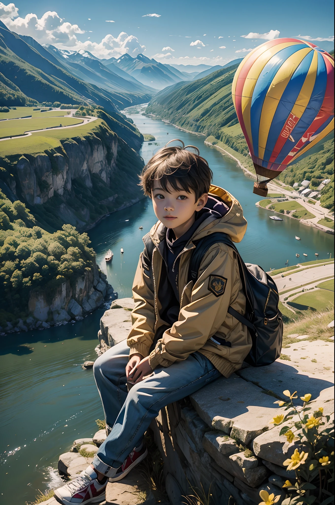 A  sitting on a hill, watching hot air ballons of a ballon festival flying over a river valley. Spring day, Highly detailed, photorealistic.