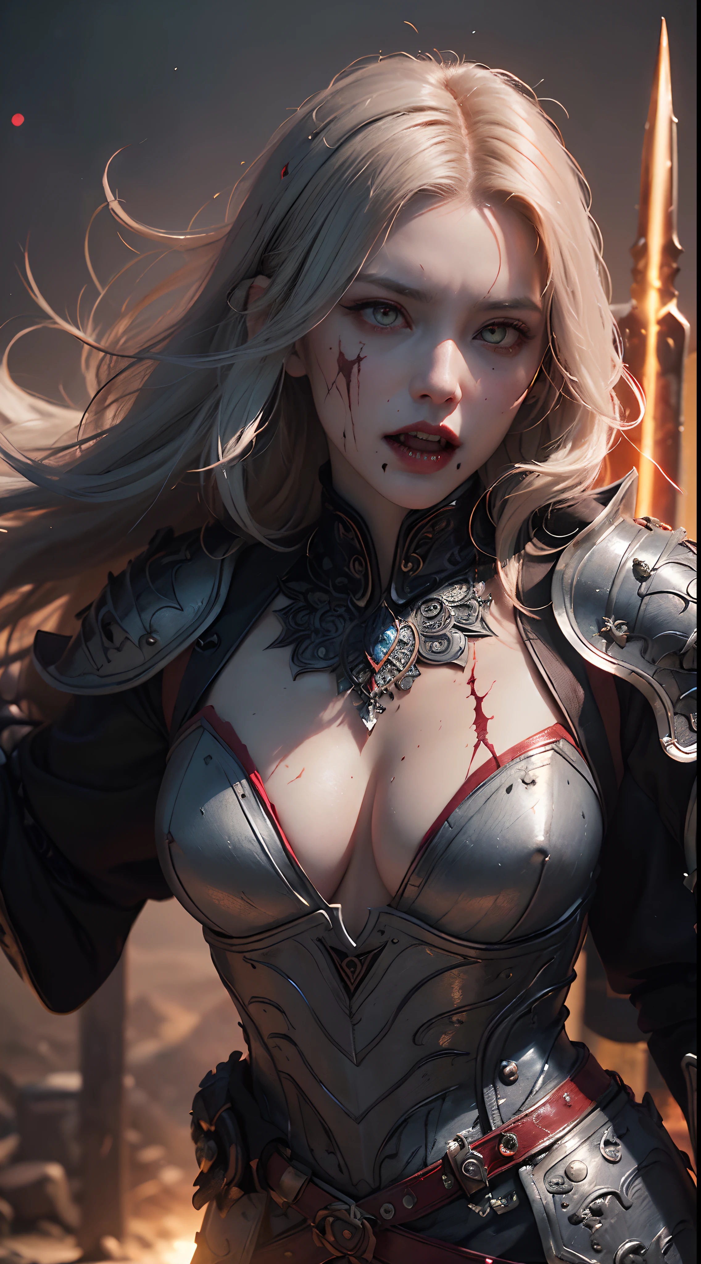 (Numerous award-winning masterpieces, with incredible detail, textures and maximum detail), (hyper realistic:1.4), (realistic:1.3), (best quality real texture skin), (Aesthetic and decadent image: 1.7), ((five perfect and beautiful fingers)), (Pale but beautiful face:1.5), (finely detailed true circle eyes), (finely Detailed and beautiful face:1.5), (A pair of red eyes with strong red light emitting from within:1.7), (Two thick, long, sharp canine teeth protruding from the lips:1.6), (Full length portrait:1.5), (Dark black full plate armor covering the entire body: 1.5), (Grasping the hilt of an elaborately decorated black long sword that glows with an evil light:1.7), (The armor is scarred but delicately decorated:1.7), ((Wandering Vampire Female Swordsman)), ((only have two arms)), ((Less skin exposure)), ((knight in black)), (Gripping the hilt of an elaborately decorated black long sword that glows with a monstrous light:1.7), (wears worn and tattered black leather pants), (Delicately decorated Costume), (Anatomically correct limbs and physique:1.4), ((medieval world)), ((dramatic photo)), ((dynamic photo)), ((cinematic light)), (looks up), (looking down), (dramatic pose), Wind Effects and Offensive Spells, beautiful white hair, beautiful silver hair, beautiful blonde hair ,black web robe, (Fearless and formidable Female vampire warrior:1.6), (Drifting Haze: 1.3), Old ruins infested with plants, Ruins of an old castle, dungeon, Abandoned mine, Deserted ruins, ((night, twilight, sunset, dusk)), Battlefield, detailed armor, epic realistic, ((neutral colors)), (hdr:1.5), (muted colors:1.2), hyper detailed, cinematic, warm lights, dramatic light, (intricate details:1.1), complex background,