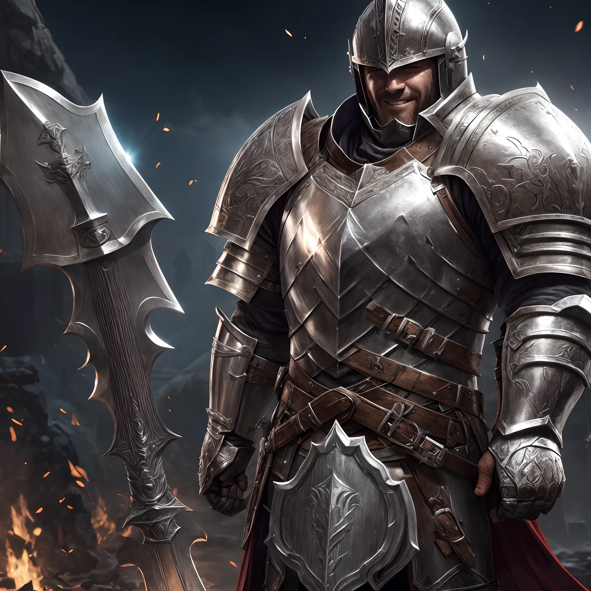 A man, wearing a heavy beserker armour set, wearing a knight helmet , holding a great axe , beserker class, extreme bloodlust, game character design, smiling underneath the helmet, game system, extremely detailed, highest quality digital art, highest resolution, absolutely stunning art