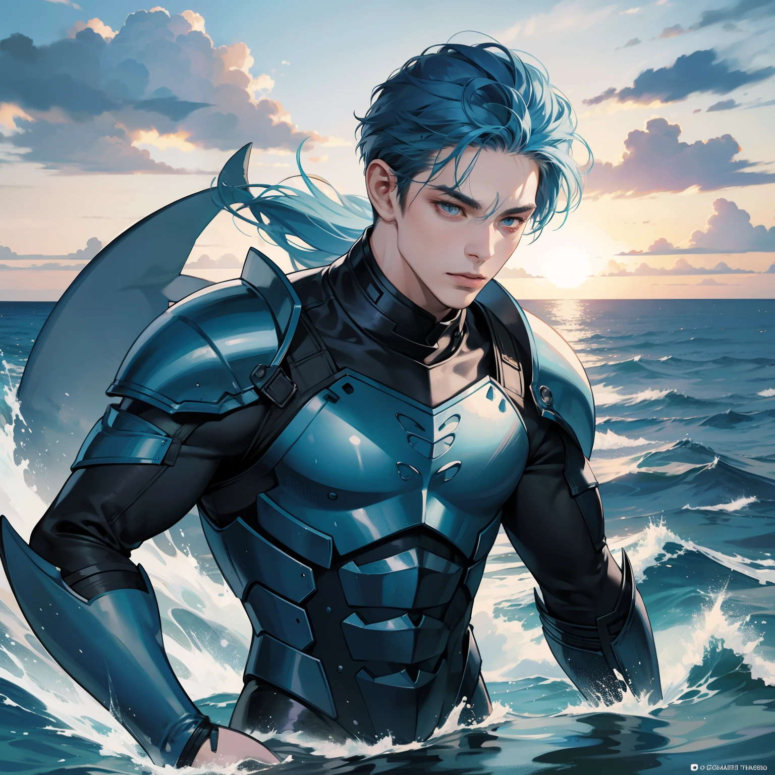 Masterpiece, high quality, best quality, HD, realistic, perfect lighting, detailed body, 1 man, abs, blue hair, facial expression, wearing shark armor, water elemen background.