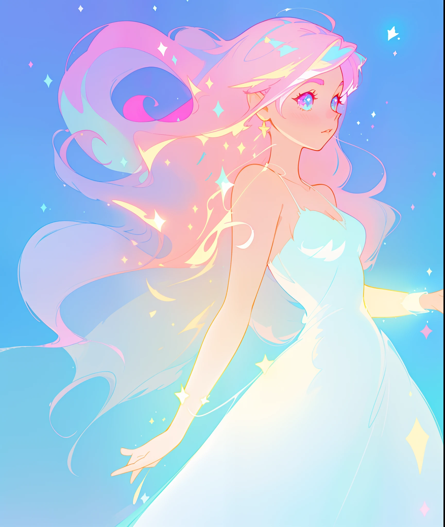 beautiful girl, simple white ballgown, vibrant pastel colors, (colorful), long flowing liquid pink hair, magical lights, sparkling magical liquid, inspired by Glen Keane, inspired by Lois van Baarle, disney art style, by Lois van Baarle, glowing aura around her, by Glen Keane, jen bartel, glowing lights! digital painting, flowing glowing hair, glowing flowing hair, beautiful digital illustration, fantasia background, whimsical, magical, fantasy, ((masterpiece, best quality)), intricate details, highly detailed, sharp focus, 8k resolution, sparkling detailed eyes, liquid watercolor