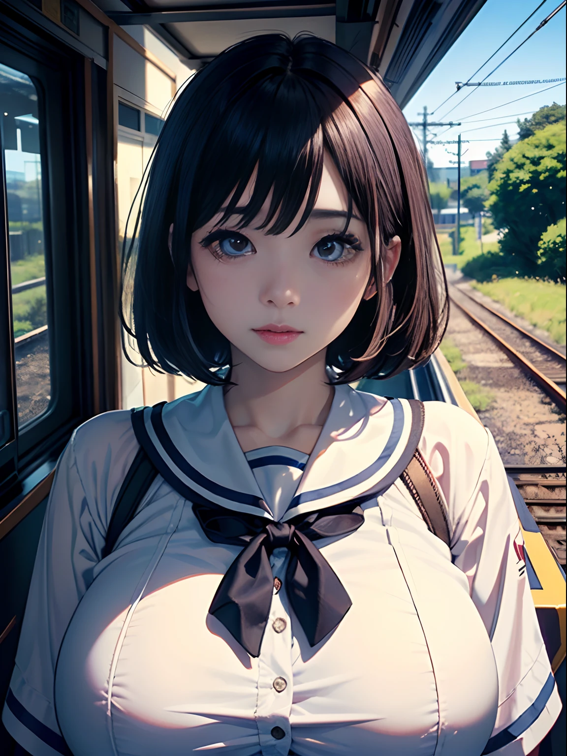 (masterpiece:1.4)、(in 8K、realisitic、Raw photo、top-quality:1.4)、(Real Face:1.4)、(real looking skin:1.3)、超A high resolution、A hyper-realistic、beautiful finely detailed eyes、black hair shorthair、White sailor suit、no-bra、high detailing、(huge-breasted:1.5)、Blushing、troubled look、gargantilha、blue-sky、country road、train track
