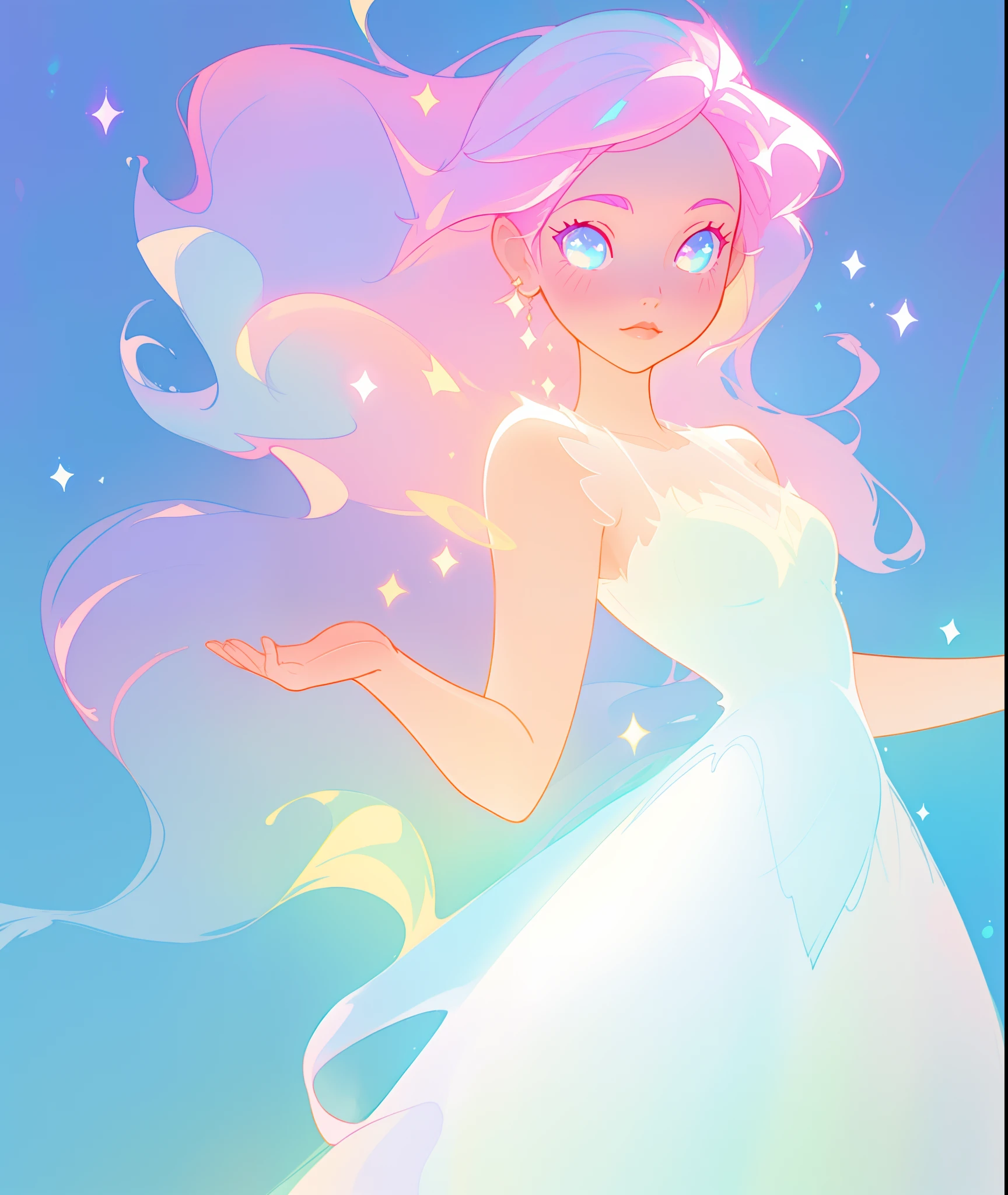 beautiful girl, simple white ballgown, vibrant pastel colors, (colorful), long flowing liquid pink hair, magical lights, sparkling magical liquid, inspired by Glen Keane, inspired by Lois van Baarle, disney art style, by Lois van Baarle, glowing aura around her, by Glen Keane, jen bartel, glowing lights! digital painting, flowing glowing hair, glowing flowing hair, beautiful digital illustration, fantasia background, whimsical, magical, fantasy, ((masterpiece, best quality)), intricate details, highly detailed, sharp focus, 8k resolution, sparkling detailed eyes, liquid watercolor