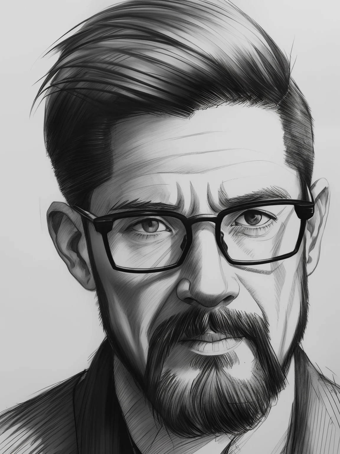 painting of a man, realistic sketch, hyperrealistic sketch, detailed pencil sketch, Pencil sketch, realistic digital drawing, detailed sketch drawing, highly detailed portrait, detailed 4 k drawing, pencil drawing, highly detailed sketch, Realistic drawing, extremely detailed portrait, detailed but rough, pencil drawing illustration, realism drawing, detailed sketch, sketch art,((High quality, Masterpiece:1.4)), 1 man, ((Upper body)), Portrait sketch, Messy drawings, Messy charcoal spots, Unfinished sketch, A sketchbook of a 36-year-old man，Painting in charcoal style, Sketchbook drawing, sketchbook, Beautiful hair,Short red hair and yellowish eyes，Academics dressed up，Silver-framed glasses，apathy，hypocrisy。Handsome Sven 。Professor in uniform, ((Paper material background)), Realistic charcoal line, Imperfect drawing, Charcoal shavings, Charcoal production line, imperfections, , Realistic