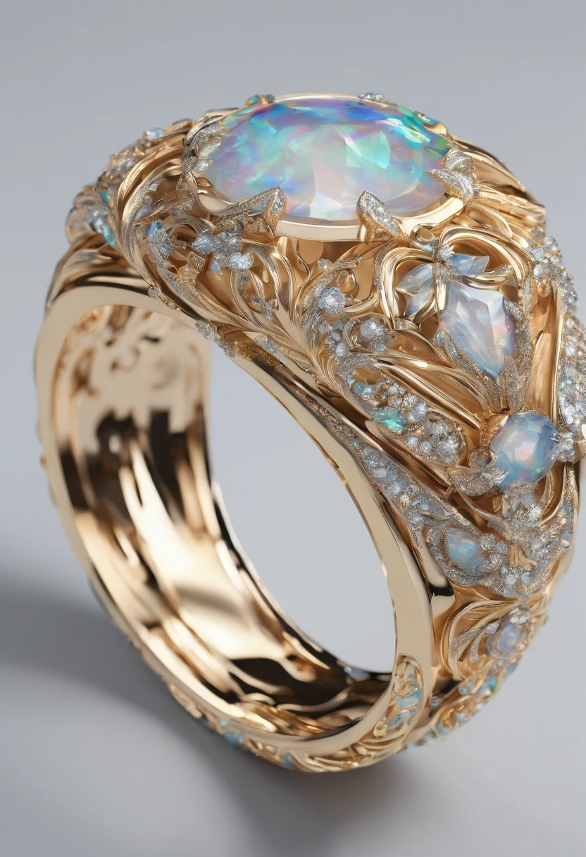 （A close-up of a gold and silver ring design）, Set with gorgeous gravel opals，Delicate rings，Silver, Intricate details，Trendy,modern,Contemporary，Exquisite ultra-fine details,Soft lighting,High-end quality,Popular luxury goods,intricate highly detailed 8 k, hyper realistic detailed rendering, ornate jewelry, jewelry photography, Gilded and diamond, intricate 8 k render