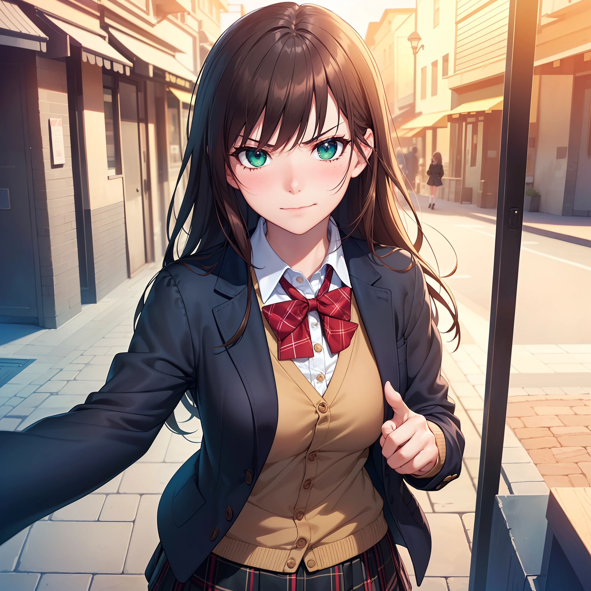 ((masterpiece, best quality, highres, UHD, perfect pixel, depth of field, 4k, RTX, HDR))), 1girl, single, solo, beautiful anime girl, beautiful artstyle, anime character, ((long hair, bangs, brown hair, curly hair:0.8)), ((green eyes:1.4, rounded eyes, beautiful eyelashes, realistic eyes)), ((detailed face, blushing:1.2)), ((smooth texture:0.75, realistic texture:0.65, photorealistic:1.1, anime CG style)), medium breasts, dynamic angle, perfect body, ((portrait, pov)), ((red bowtie, school uniform, black jacket, open jacket, brown cardigan, white shirt, black skirt, plaid skirt)), smile, amusement park,Pointing his finger at the camera, angry facial expression