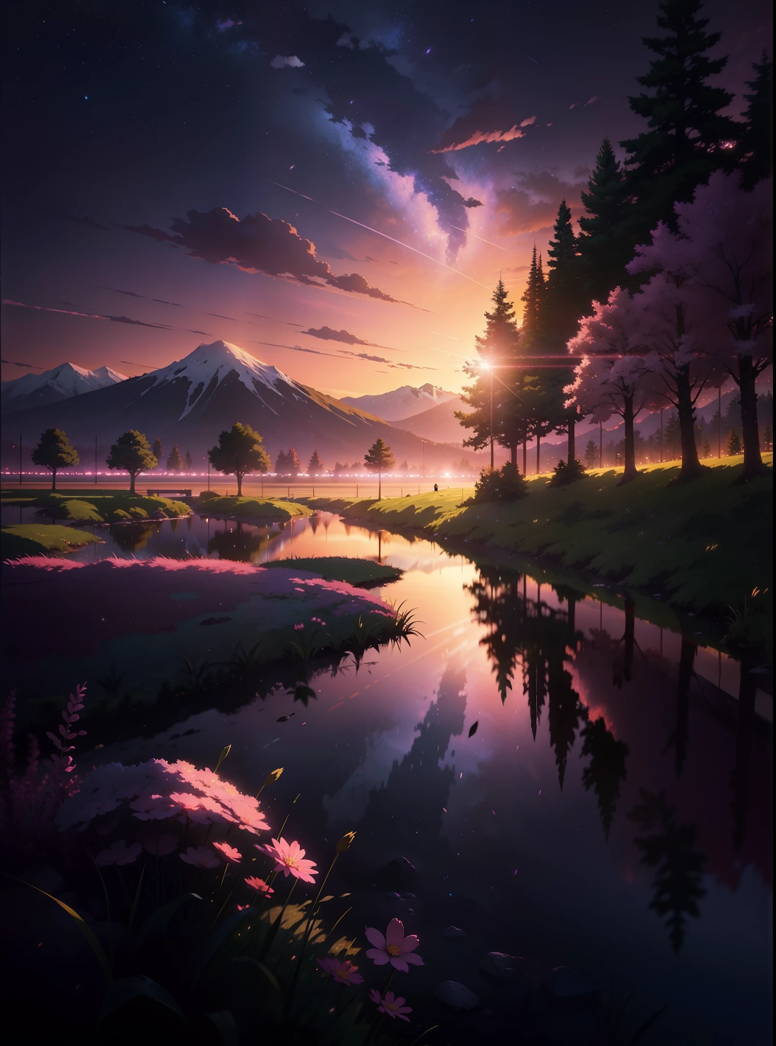 The picture is bright and well lit. no humans. (((Makoto Shinkai style)),pixiv,anime drawing,high quality,pink purple sky,beautiful scene),(universe,train passing,magical realism,((makoto shinkai style)) ::0.8), [Artistic Atmosphere, Atmosphere:0.8, Starry Sky, Hills, Snow Mountain, Sparkling Water, Grass, Trees, Smoke, Stars, Low Angle of View, Specular Scattering,
