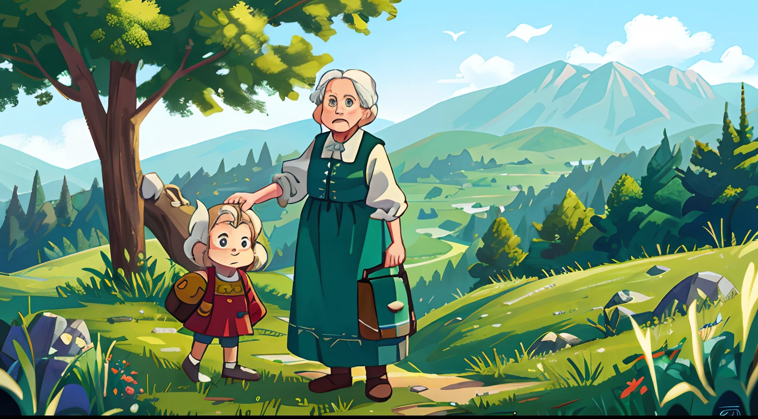 An old grandmother stands on the hillside