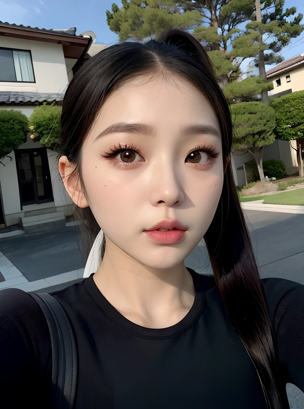 There is a woman taking a selfie in front of her house, popular south korean makeup, flaxen ponytail、Tank Tops、a miniskirt、Beautiful waist、West Navel、Popular Korean Makeup, Young adorable thai face, korean face features, One adorable Japan human face, with round face, beautiful aesthetic face, Young cute asian girl, 8K selfie photo