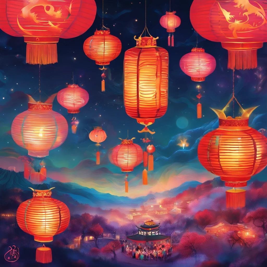 Festive lanterns, Family reunion, Mooncakes, Moon, Impressionism, Chi Baisi, Dragon Dance, a panoramic view, Warm light, Holiday Lights, colorful light