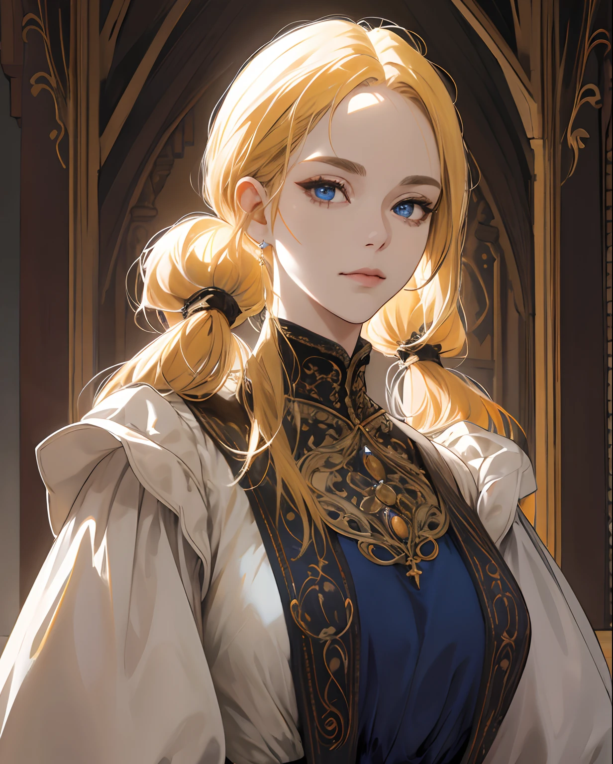 (absurd, highres, ultra detailed), 1girl, mature woman, intricate details, enlarged textures, intricate details, finely detailed eyes and detailed face, intricate details, honey yellow hair, (closed mouth), perfect eyes, matching eyes, low twintails, blue eyes, medieval Fantasy style clothing, fantasy style, noble dress, nobility dress, dress with skirt, white and brown dress
